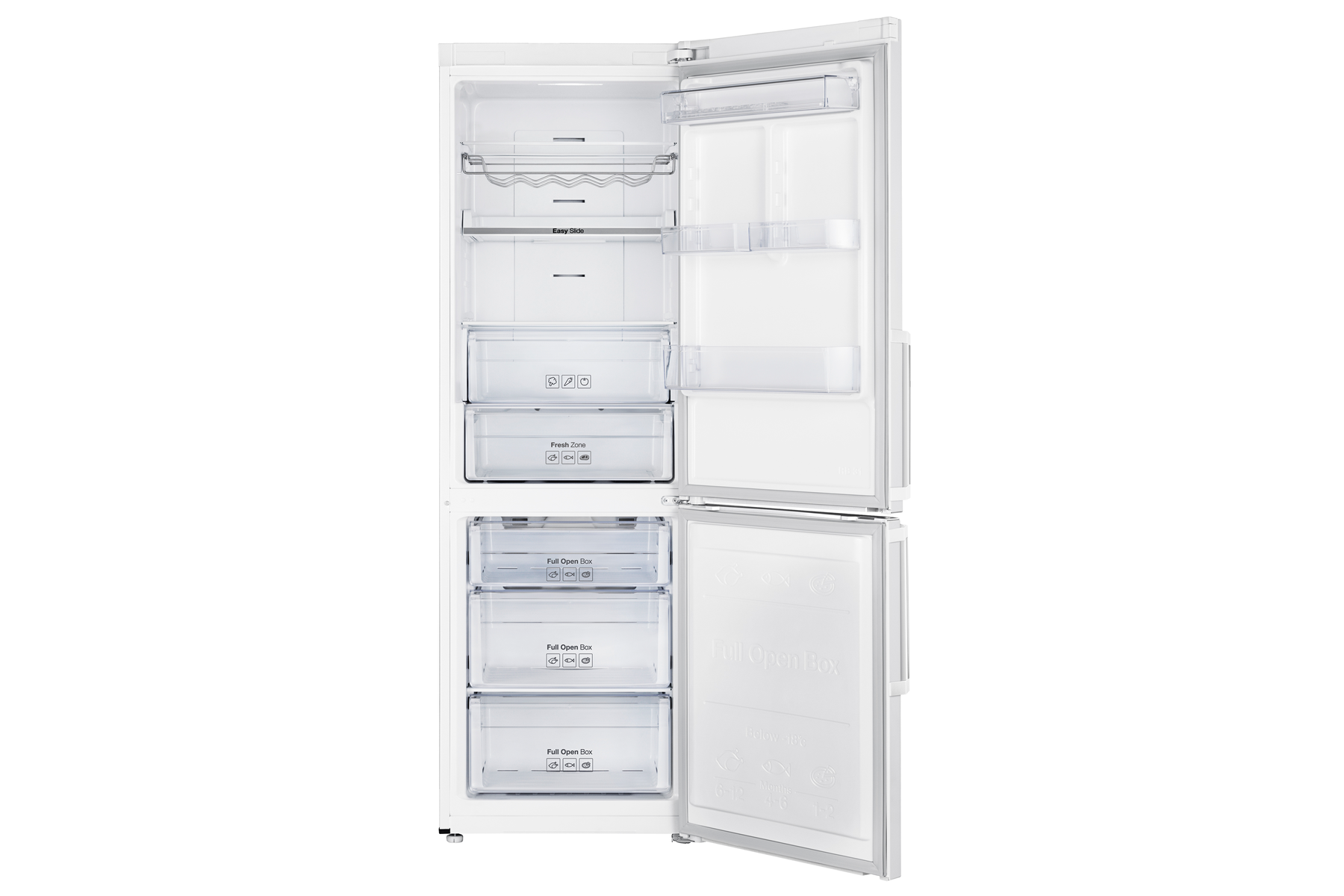 Ein weißer Kühlschrank mit offener Tür, die Regale und Schubladen zeigt. Es ist ein Modell mit unterem Gefrierfach.