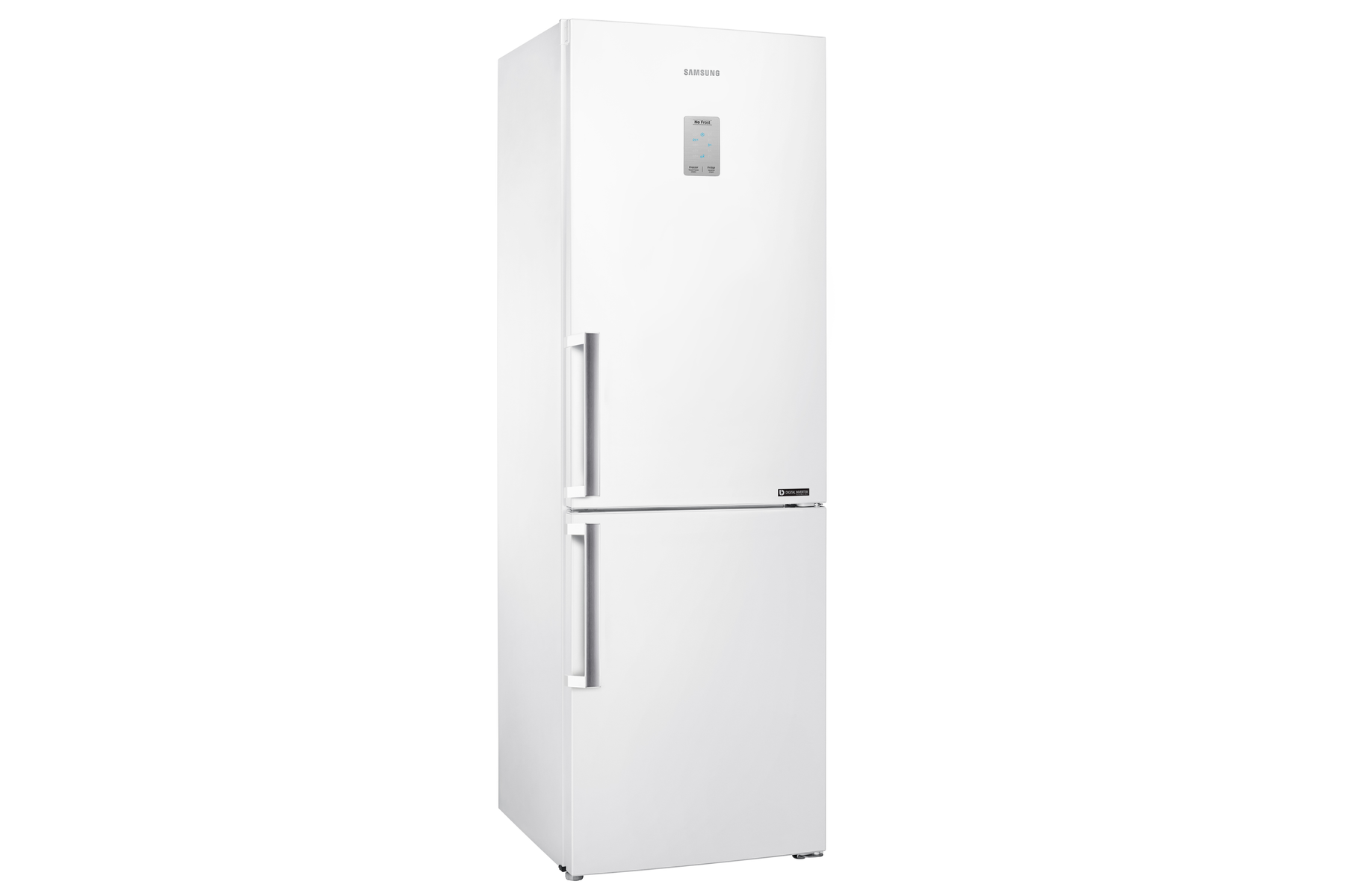 Weißer Samsung Kühlschrank mit zwei Türen, Digitaldisplay und Griff.