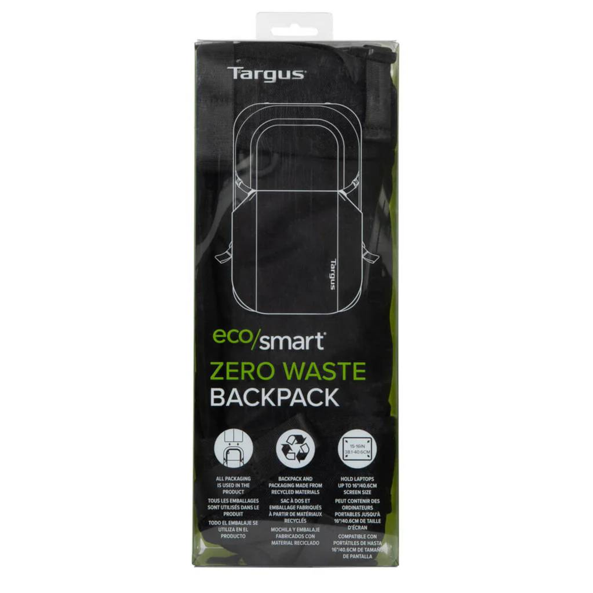 Mochila negra Targus. Texto: eco/smart ZERO WASTE BACKPACK.