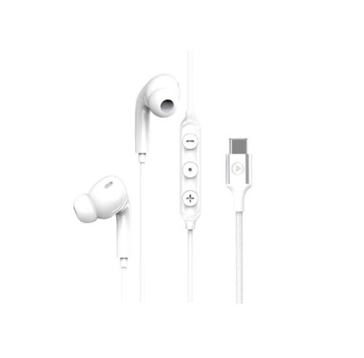 Auriculares blancos con controlador y conector USB-C, todo sobre fondo blanco.
