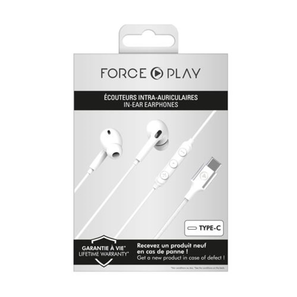 Auriculares blancos con conector Tipo-C, en un paquete minorista con texto.