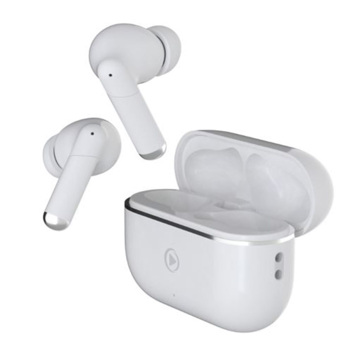 Auriculares inalámbricos blancos y su estuche de carga sobre un fondo blanco.
