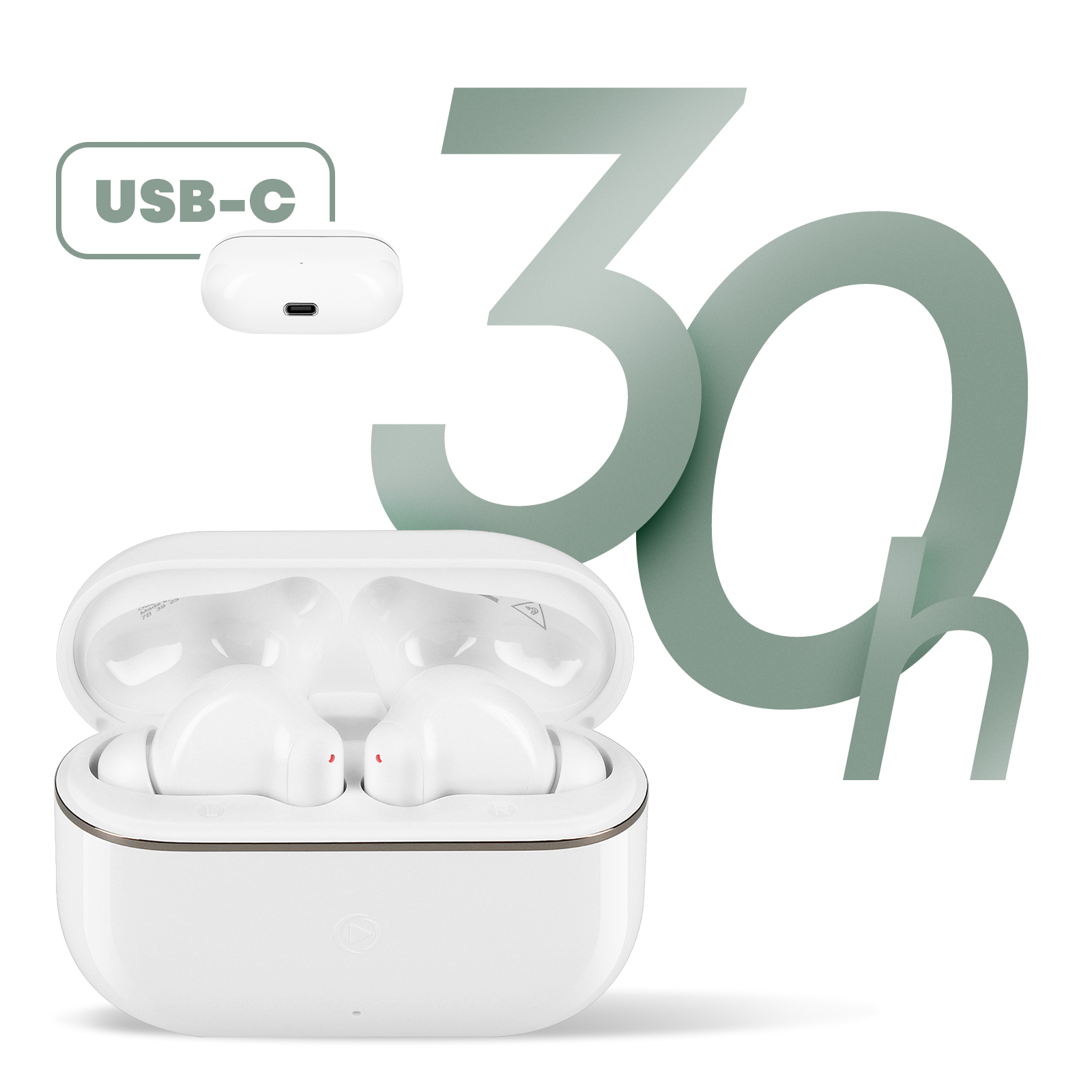 Auriculares blancos con estuche de carga y puerto USB-C. Número 30 grande.