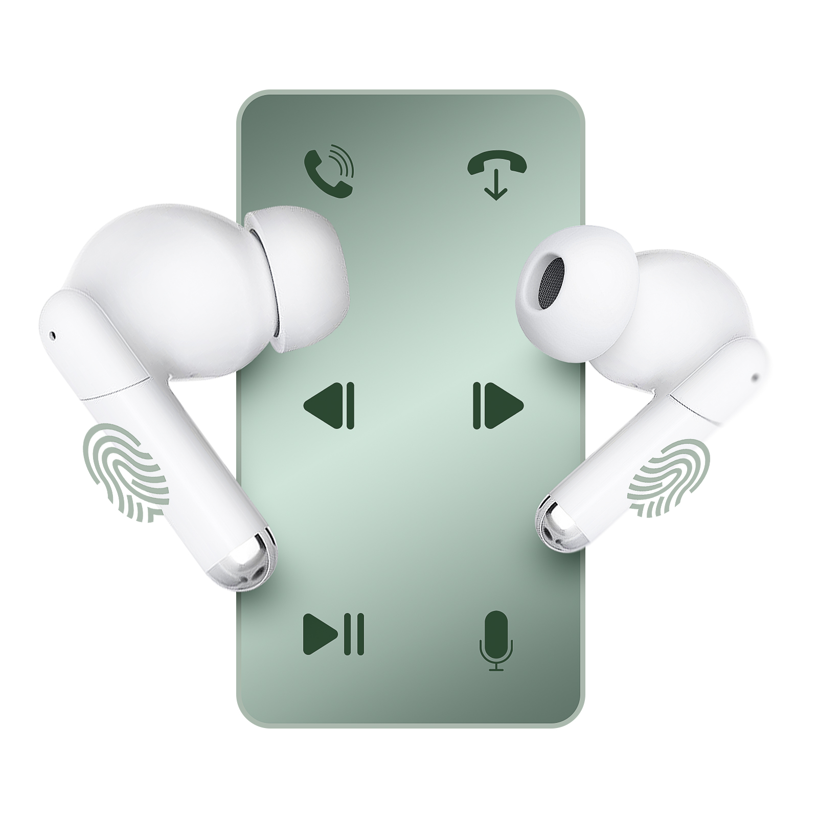 Auriculares blancos con una interfaz de control sobre un fondo verde. La interfaz muestra iconos de reproducción, pausa y llamada.
