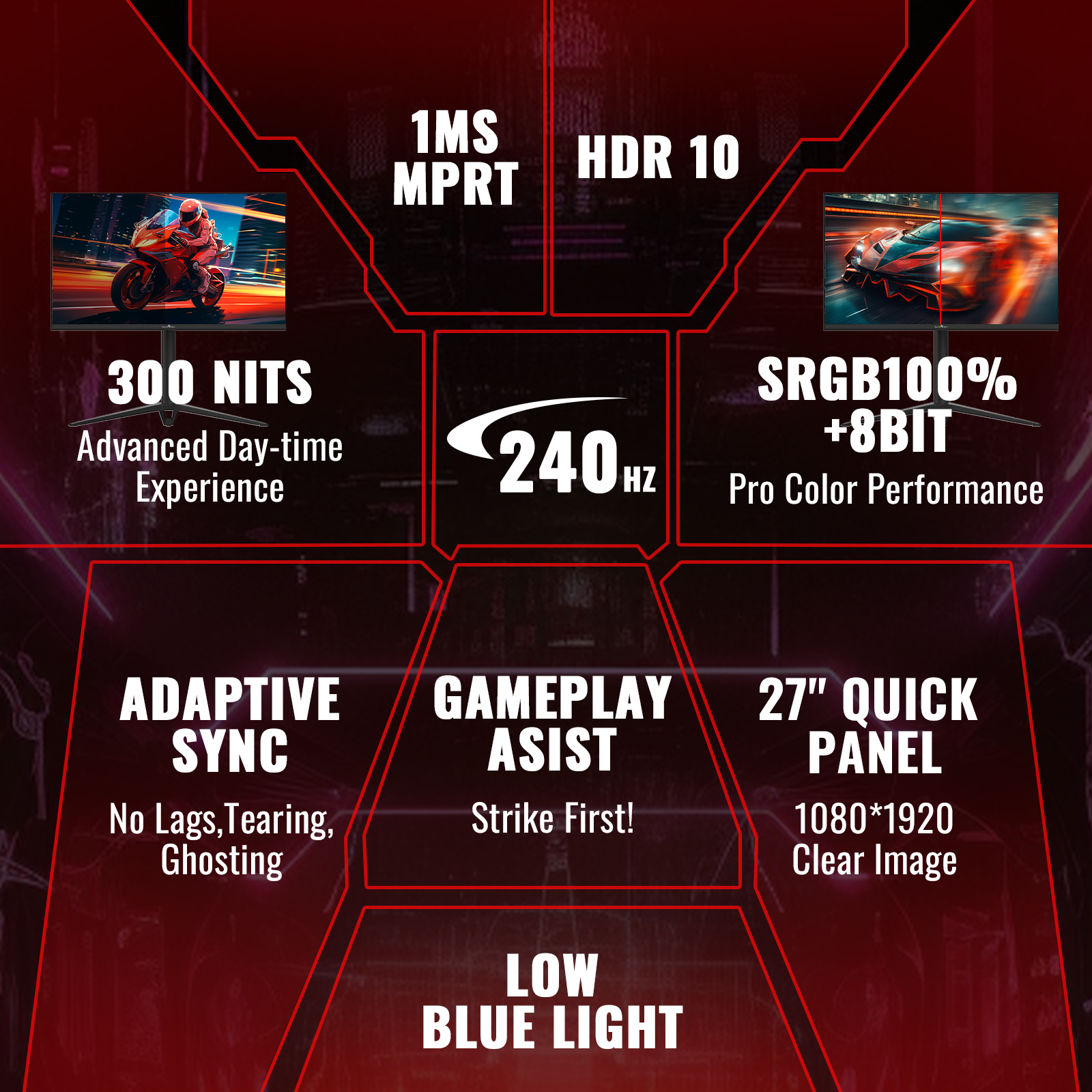 Monitor z tekstem pokazującym funkcje: 240Hz, 1MS MPRT, HDR 10, 300 NITS, Adaptive Sync i pomoc w grze.