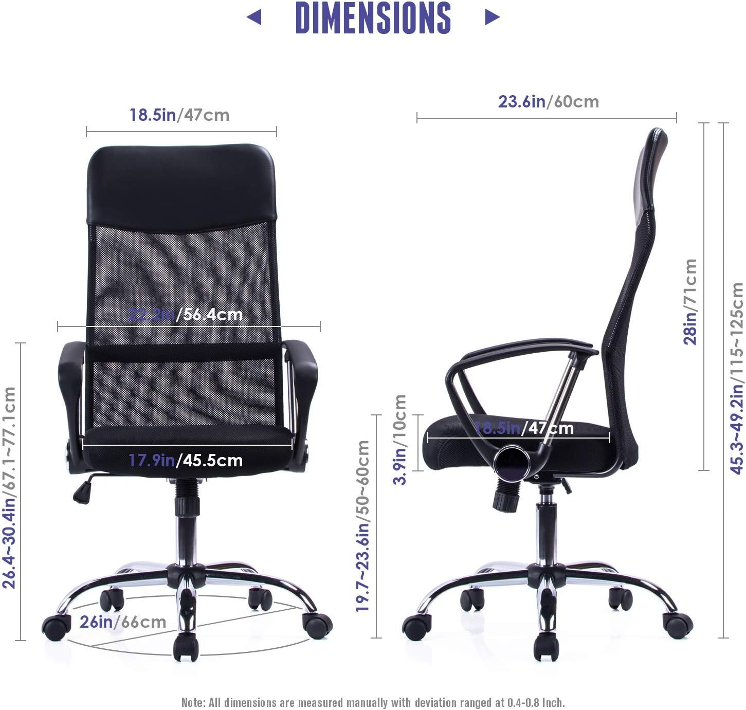 Silla de oficina con dimensiones marcadas. Asiento y respaldo negros.