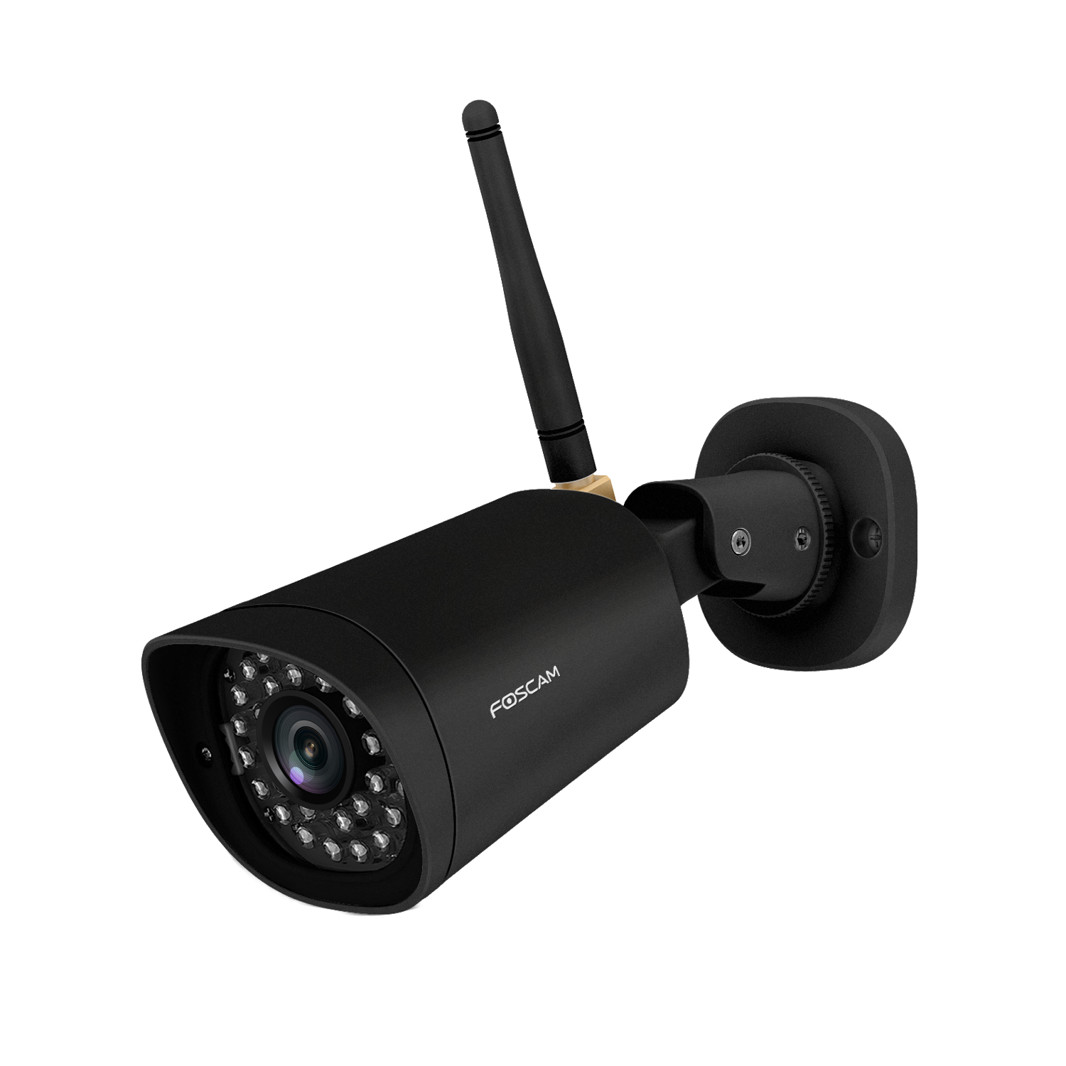 Czarna kamera bezpieczeństwa FOSCAM z anteną. Zamontowana na czarnej ścianie.