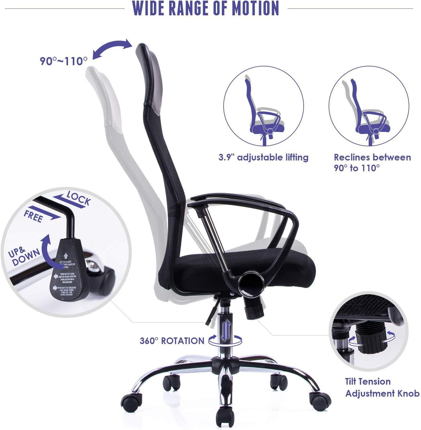 Una silla de oficina con funciones ajustables, incluyendo altura, inclinación y rotación de 360 grados.