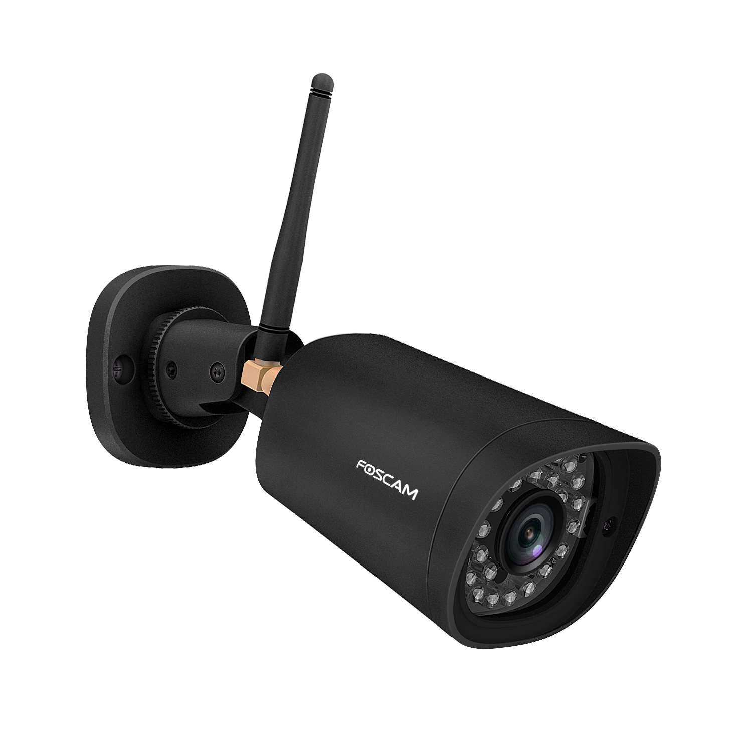 Czarna kamera bezpieczeństwa Foscam zamontowana na ścianie.