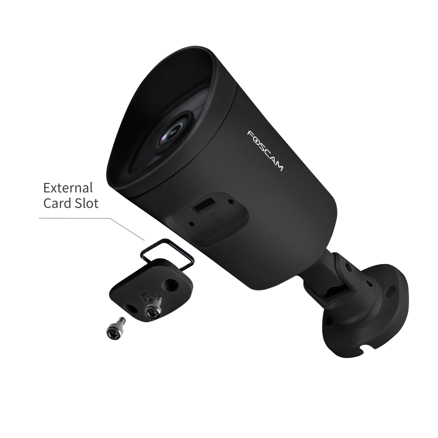 Czarna kamera bezpieczeństwa z zewnętrznym gniazdem kart. Izolowana na czarnym tle.