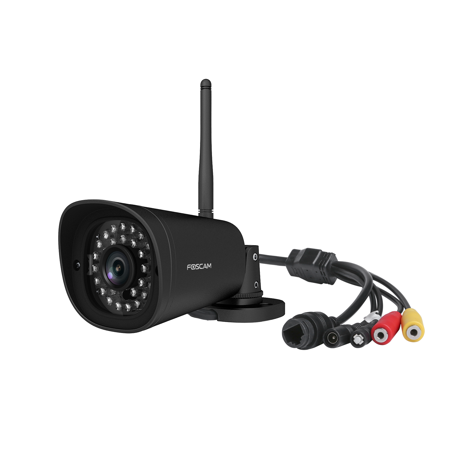 Czarna kamera bezpieczeństwa Foscam z anteną i kablami. Posiada obiektyw i diody LED.