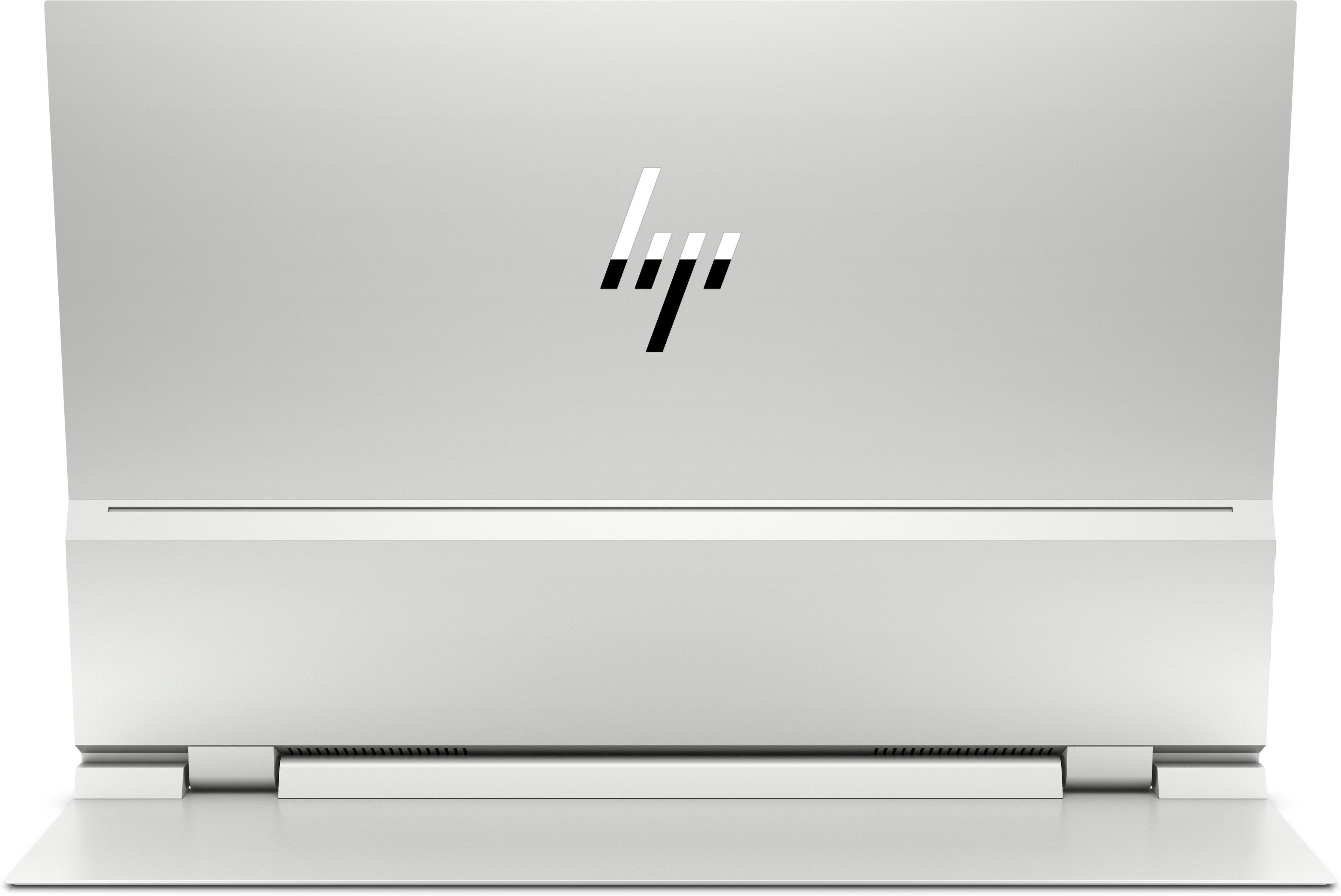 Widok z tyłu srebrnego laptopa HP, otwartego. Logo HP jest wyśrodkowane na pokrywie.