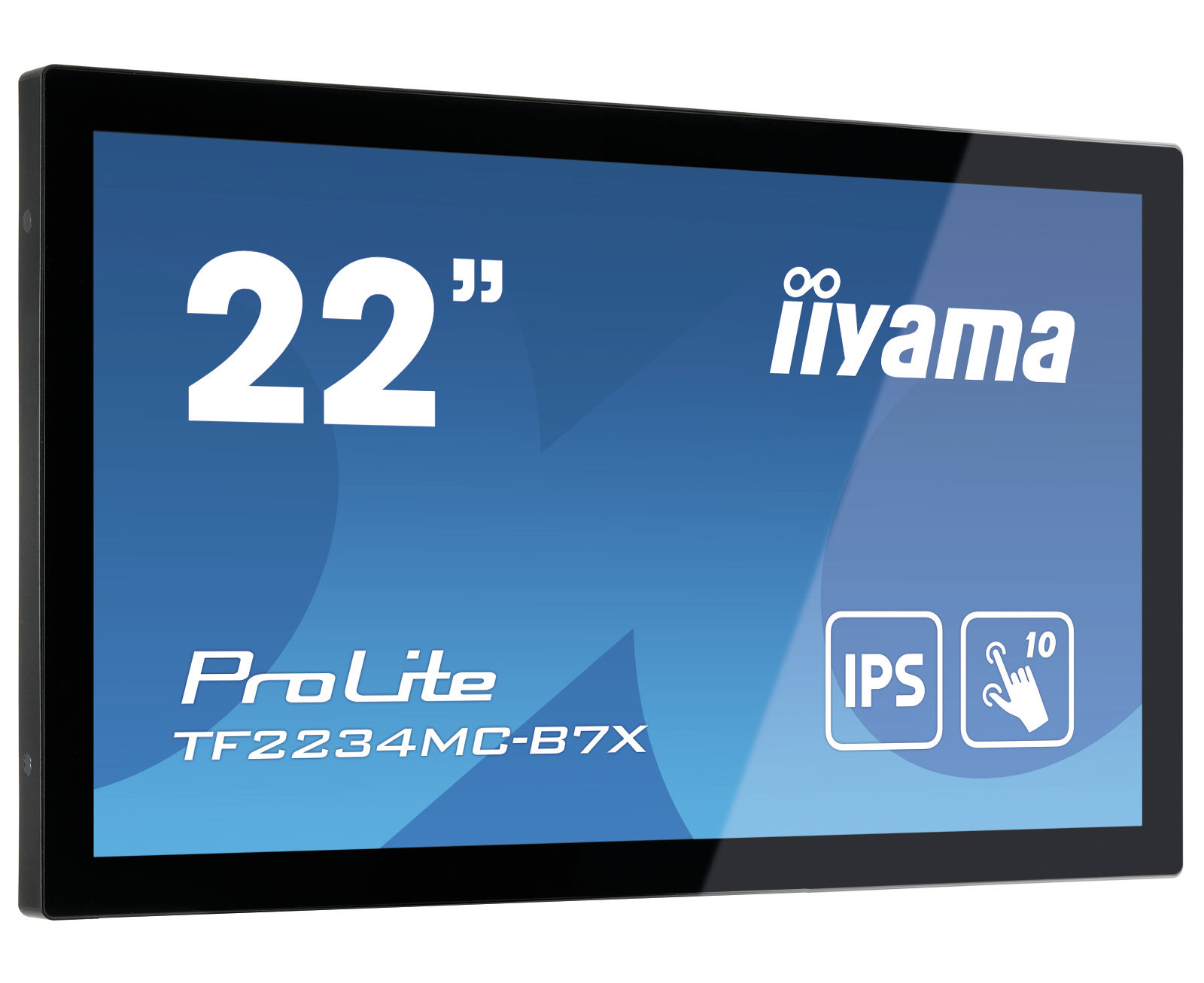 22-calowy czarny monitor iiyama. Tekst na ekranie: ProLite, TF2234MC-B7X, IPS, 10.