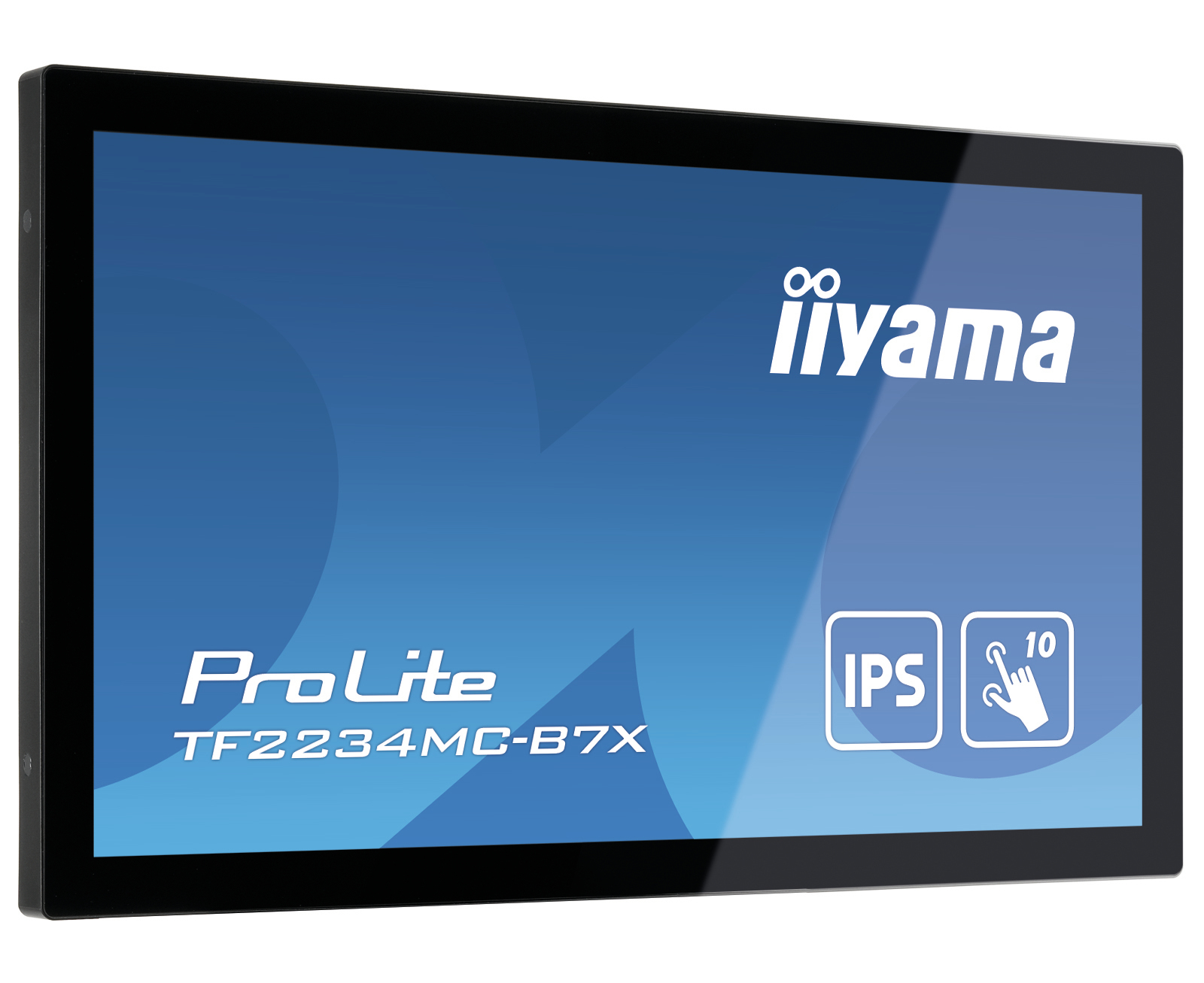 Czarny monitor iiyama ProLite TF2234MC-B7X na białym tle. Wyświetla niebieski ekran.