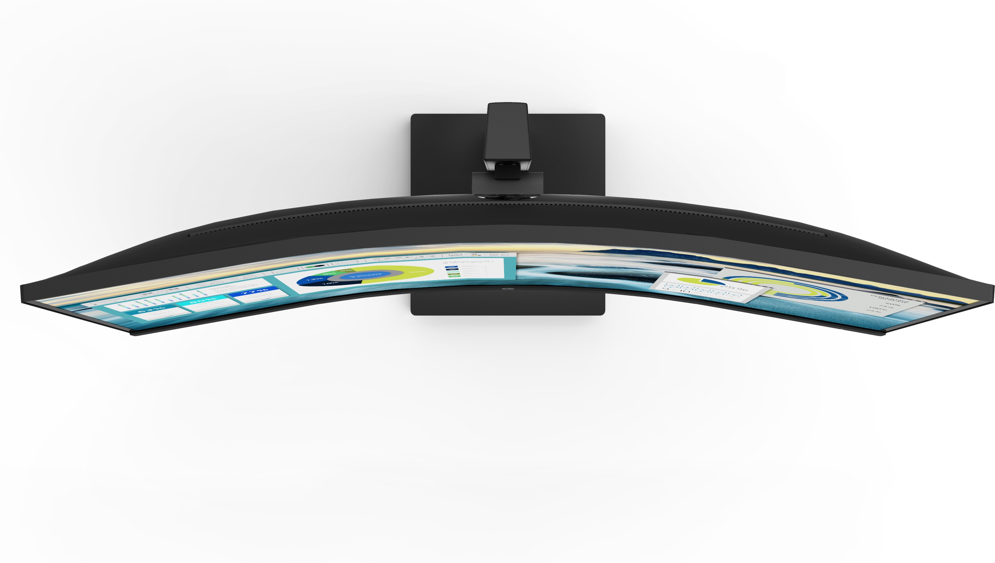 Zakrzywiony czarny monitor z białym tłem, wyświetlający wykres biznesowy.