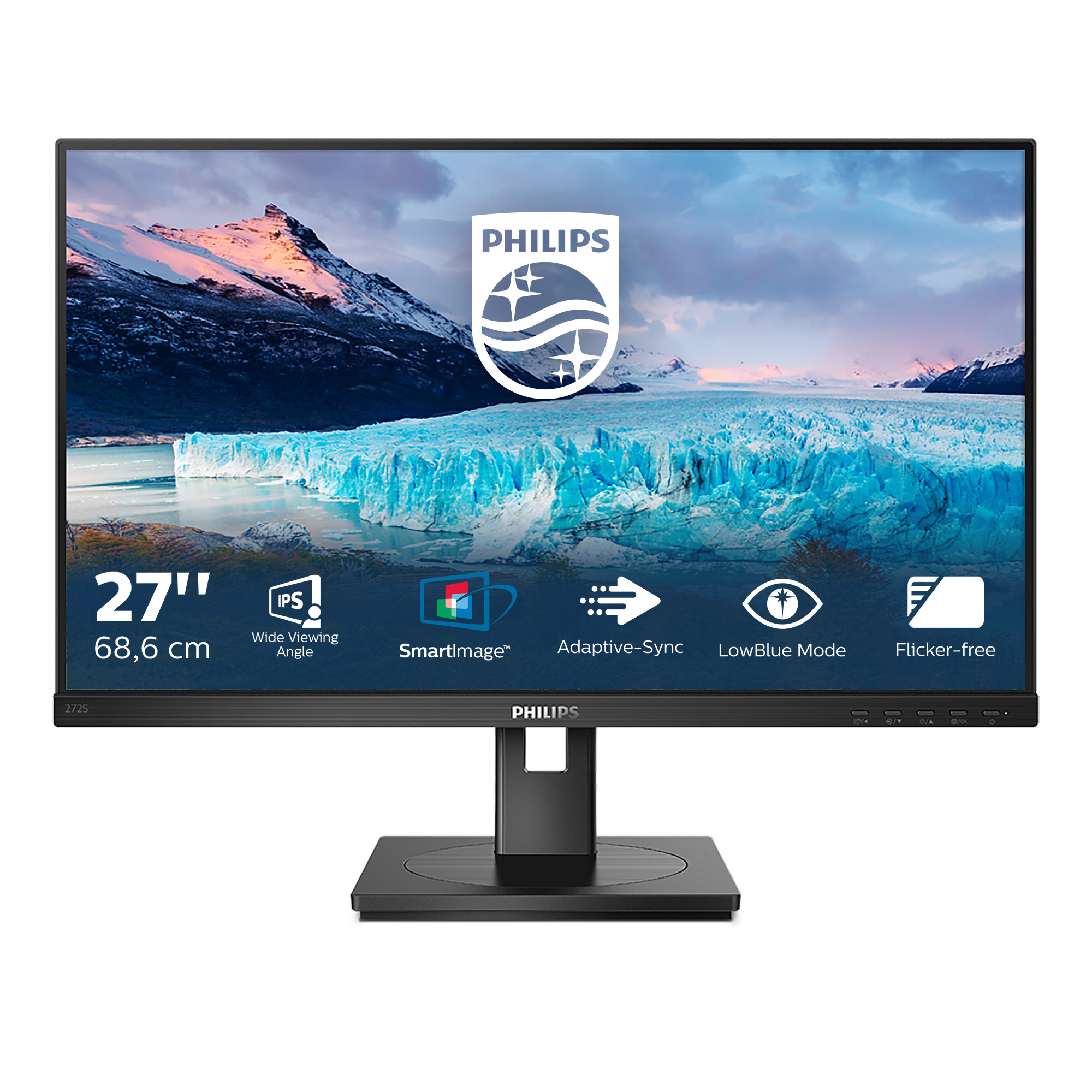 Monitor Philips 27" z szerokim kątem widzenia. Pokazuje lodowiec i góry.