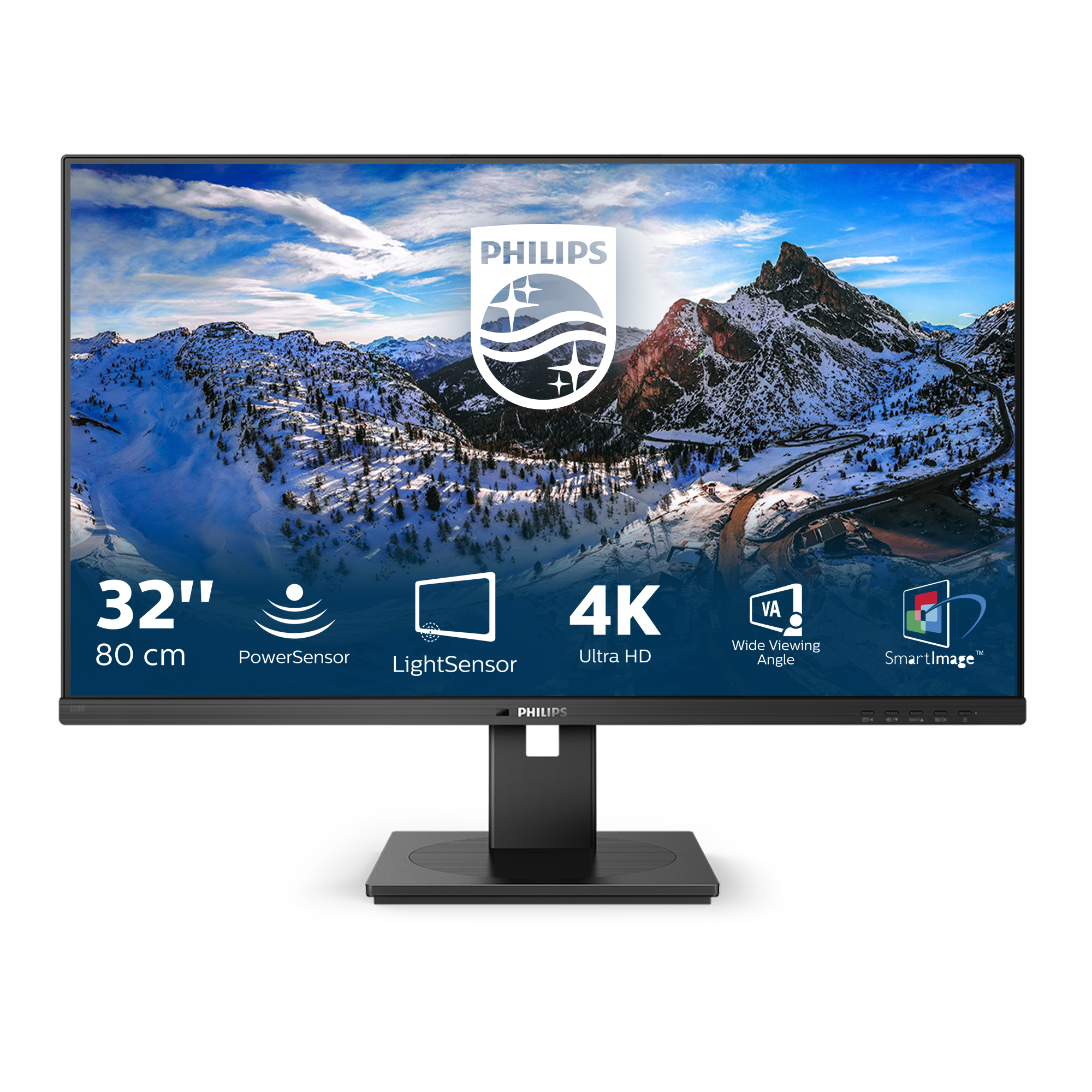 Un monitor Philips che mostra montagne e cielo. Ha supporto e cornice neri.