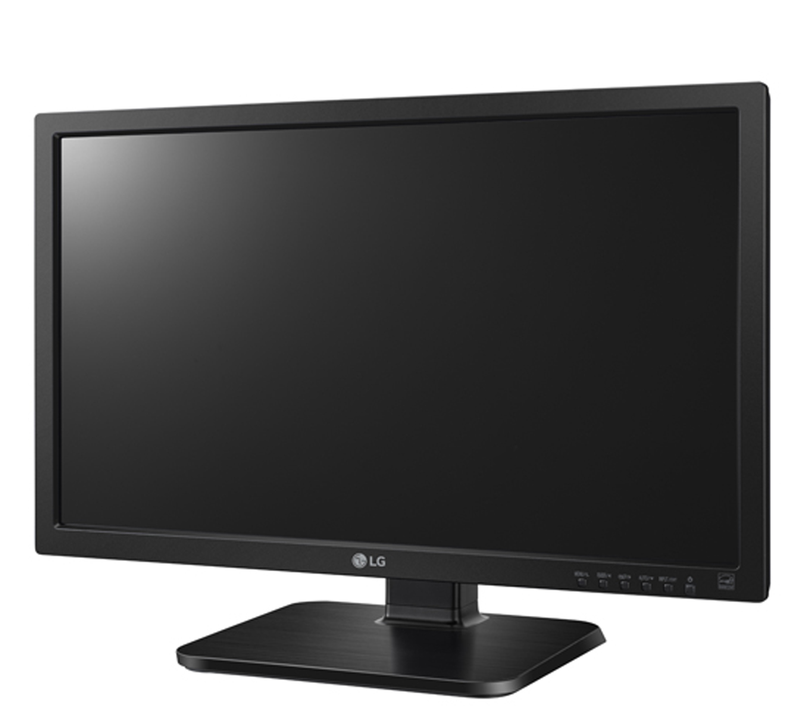 Monitor LG nero su un supporto nero. Lo schermo è scuro, mostrando un riflesso.