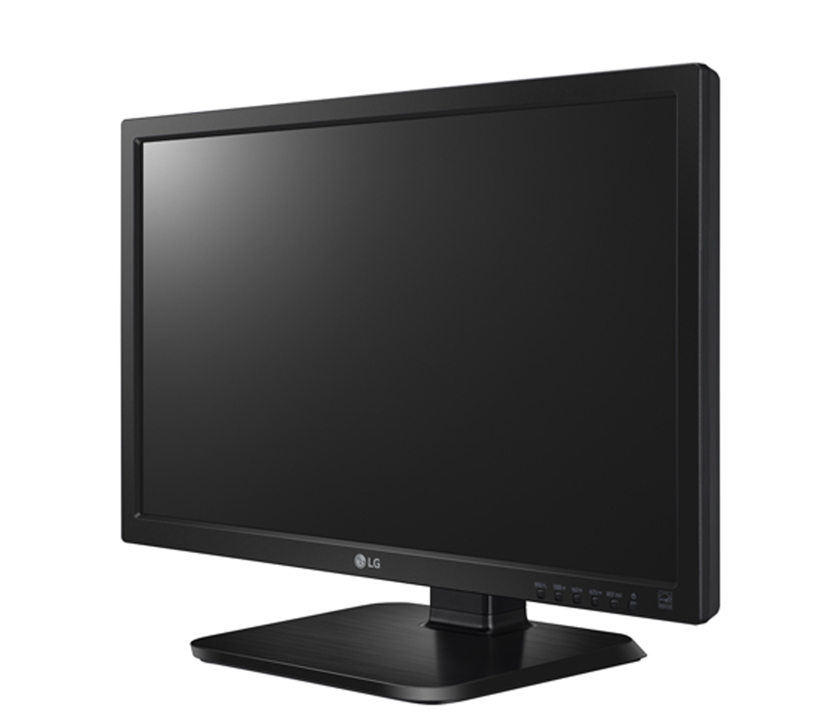 Monitor LG nero con supporto nero. Lo schermo è vuoto, mostrando solo un display nero.