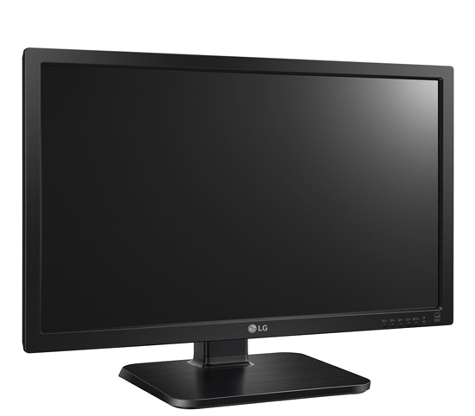 Un monitor di computer nero su un supporto nero. Lo schermo è vuoto.