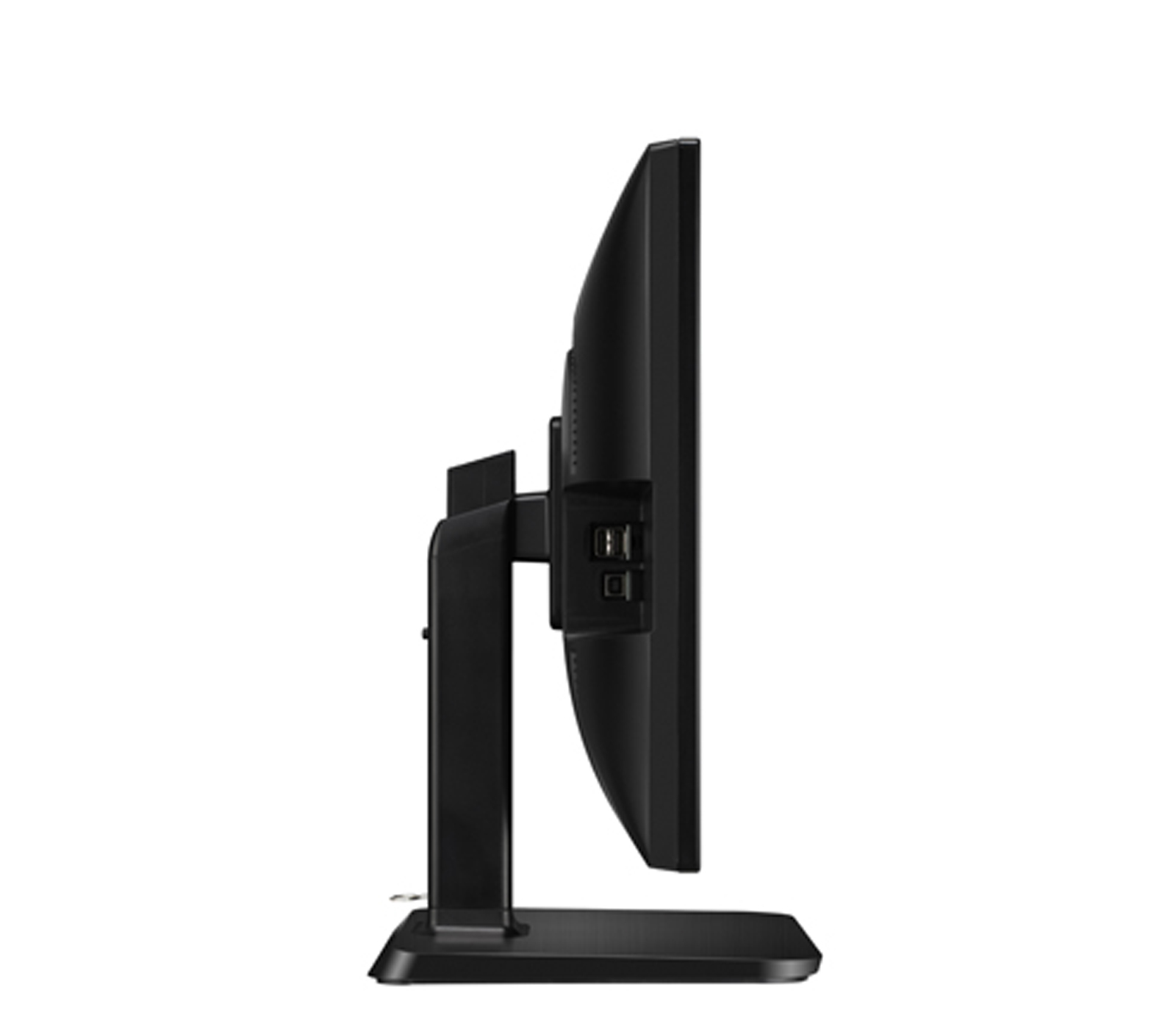 Vista profilo del monitor nero, che mostra il lato, il supporto e i dettagli delle porte.
