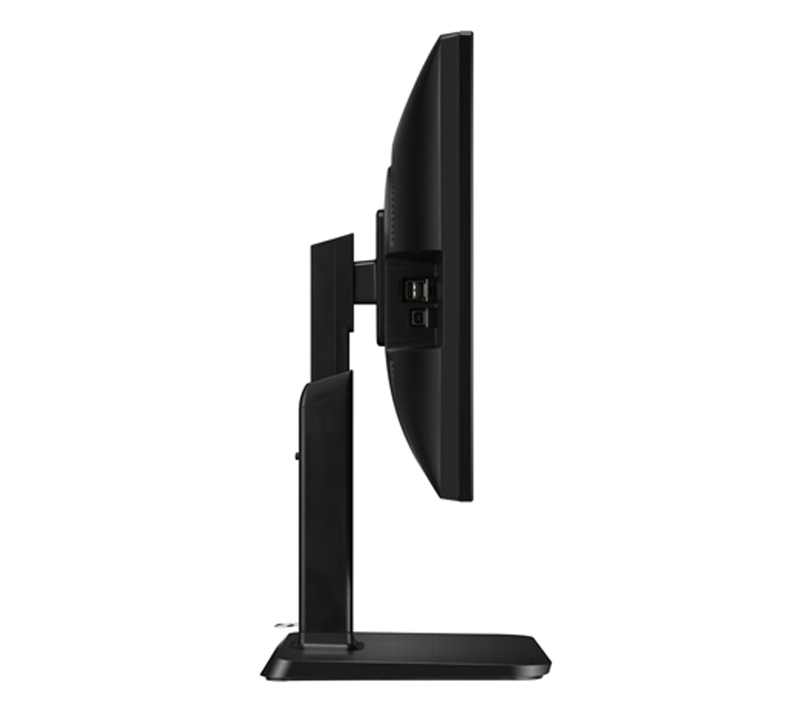Monitor per computer nero di profilo, montato su un supporto nero.