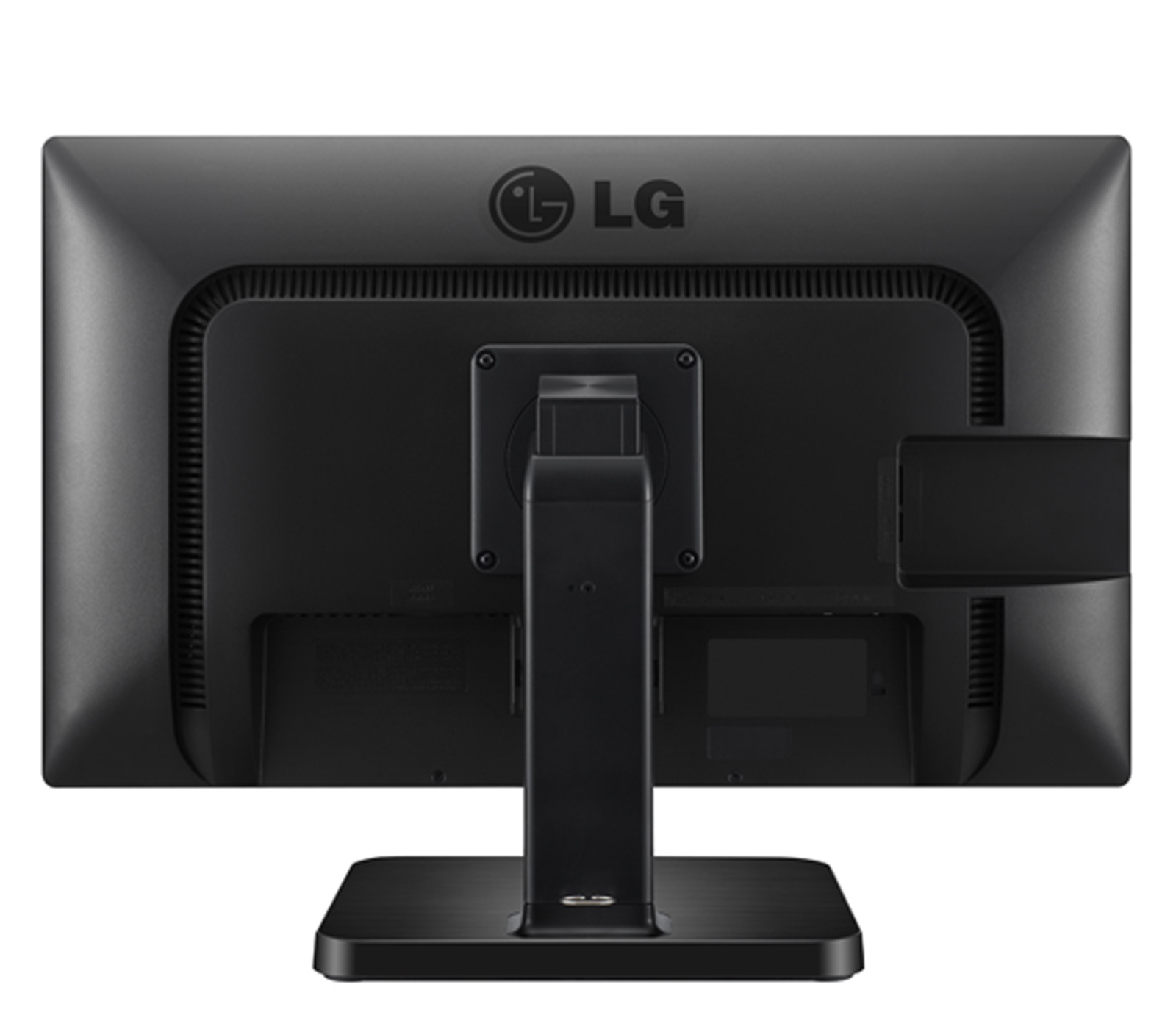 Retro del monitor LG nero. Con il logo LG e punti di attacco.
