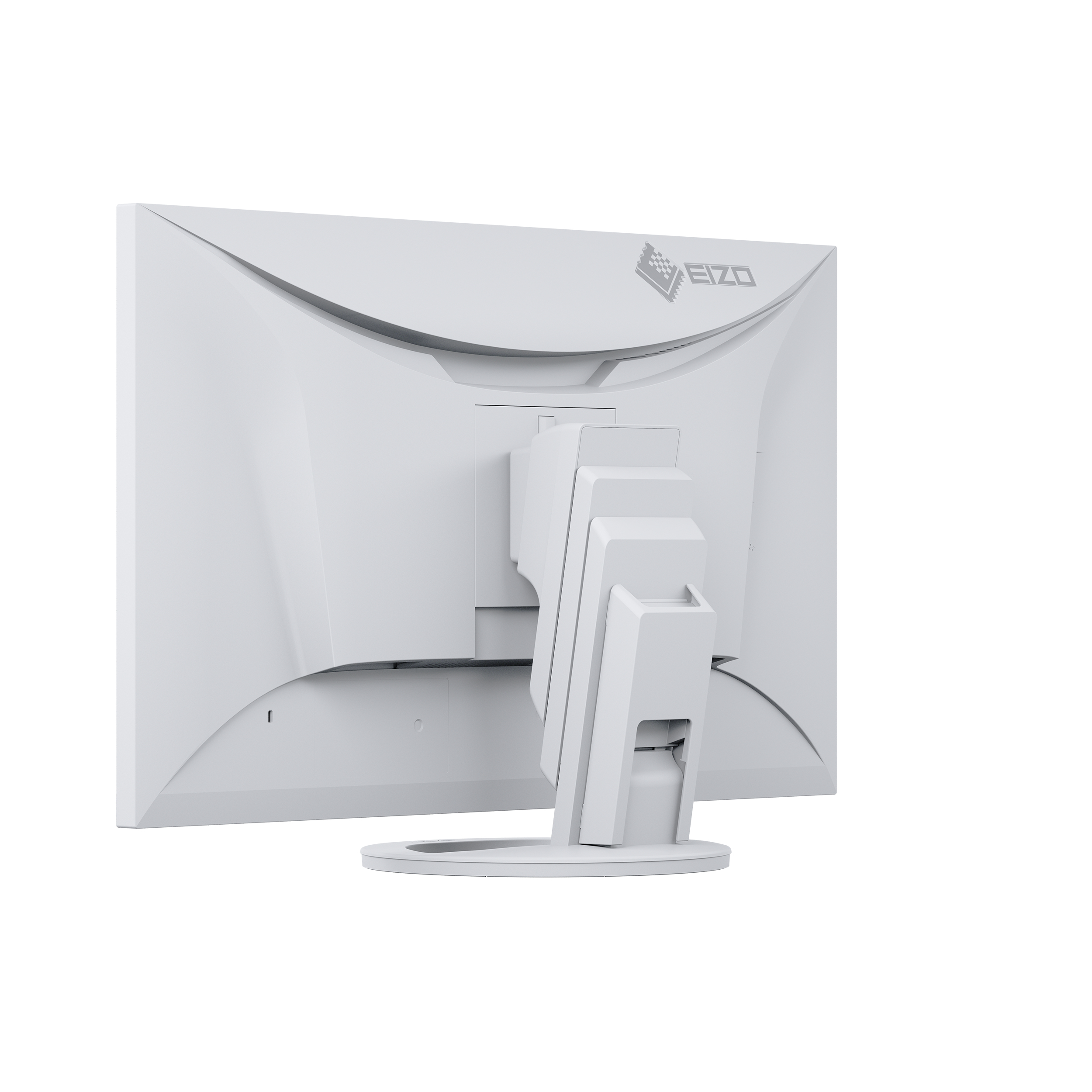 Biały monitor EIZO, widok pod kątem. Logo EIZO na górze. Podstawa o unikalnej, wielowarstwowej konstrukcji.