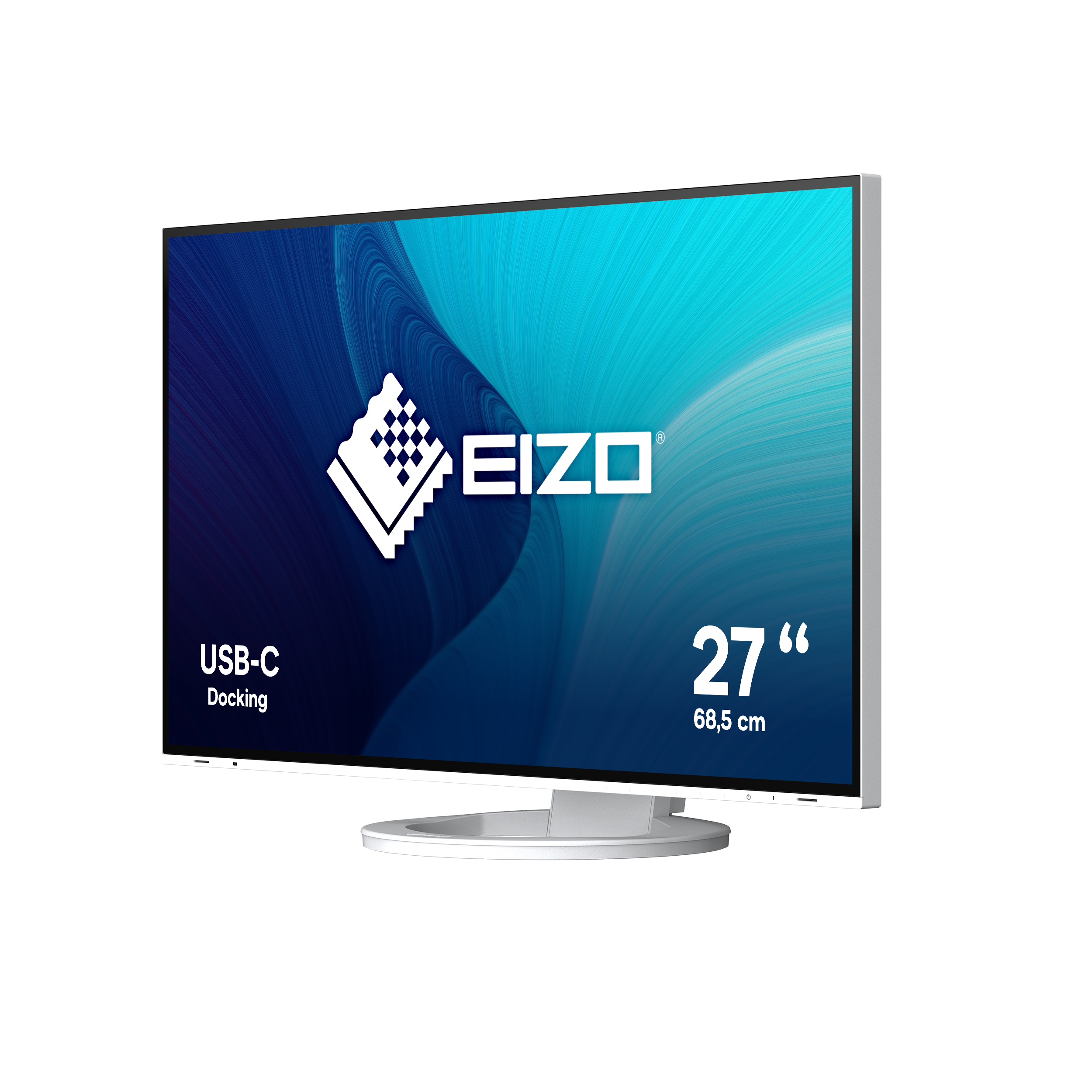 Un monitor de computadora con marco blanco, mostrando un fondo abstracto azul y blanco.