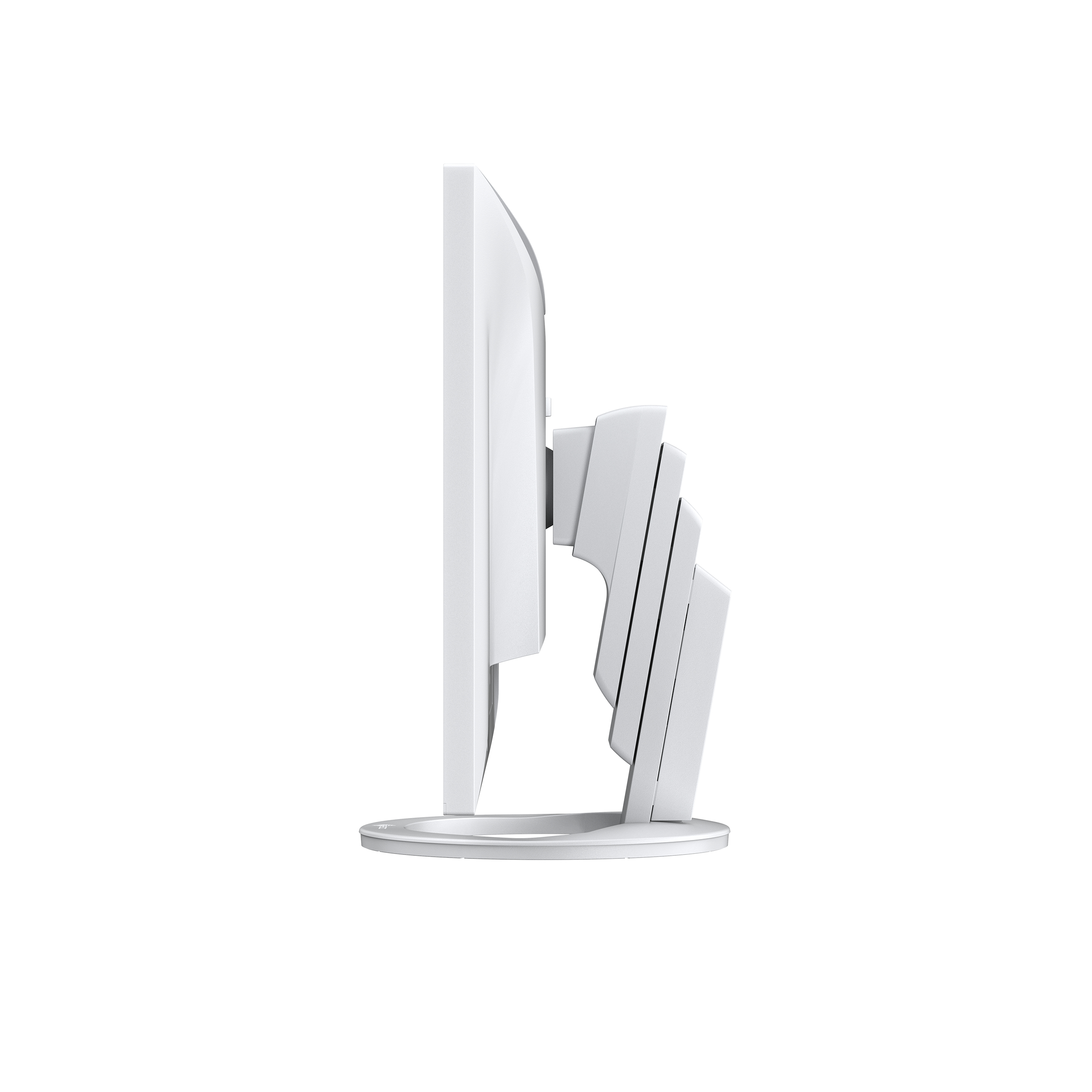Un monitor de computadora blanco desde un lado. Tiene un diseño curvo y un soporte.