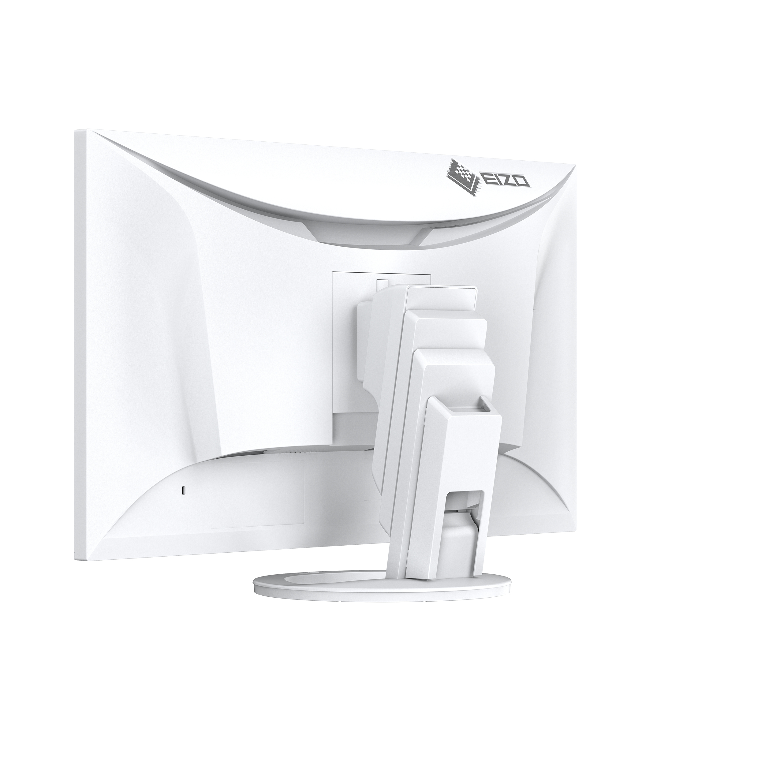 Vista trasera del monitor de computadora blanco, con el logotipo de Eizo y un soporte con múltiples ajustes de altura.