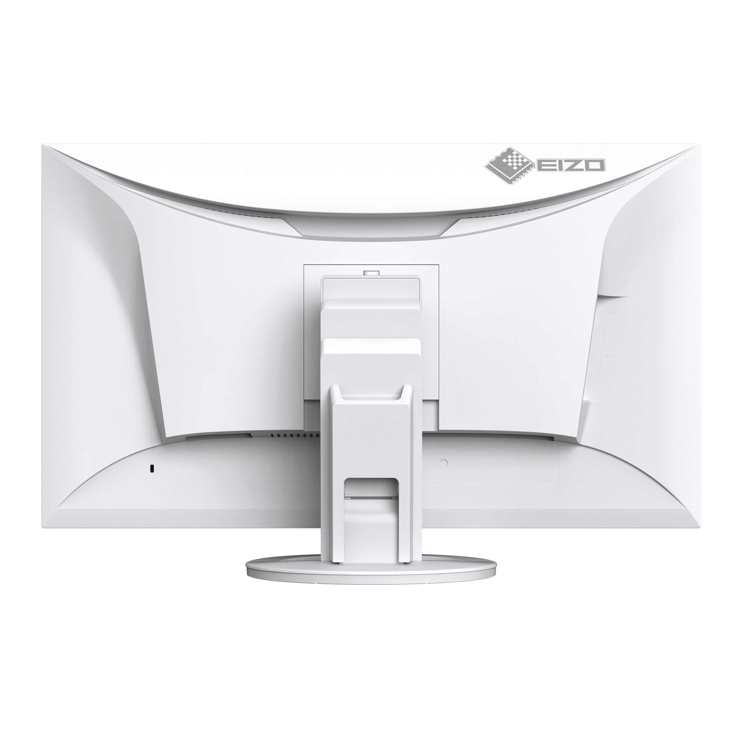 La parte trasera de un monitor de computadora blanco con soporte. Logo EIZO arriba.