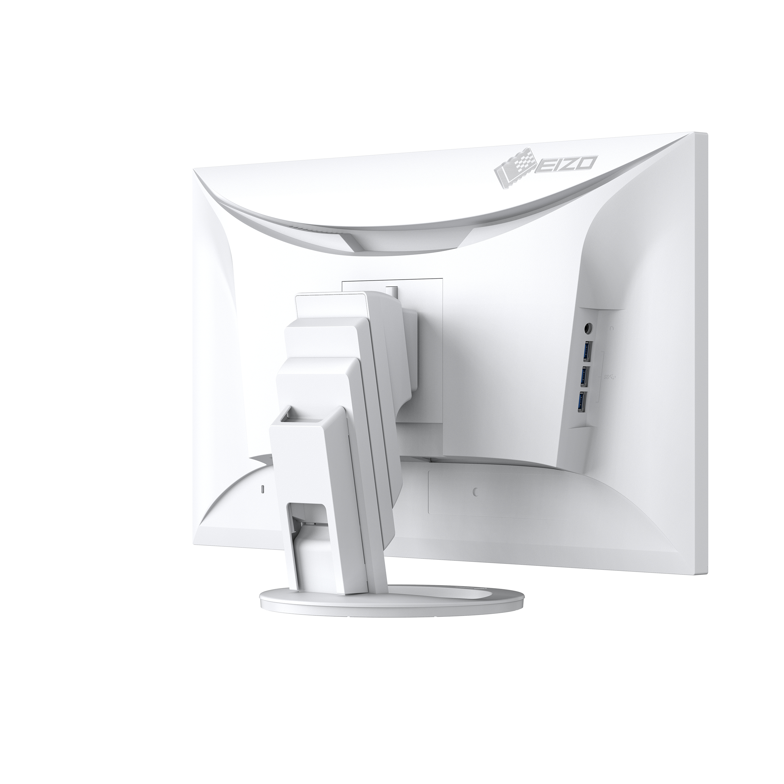 Parte trasera de un monitor de computadora blanco con soporte y puertos.