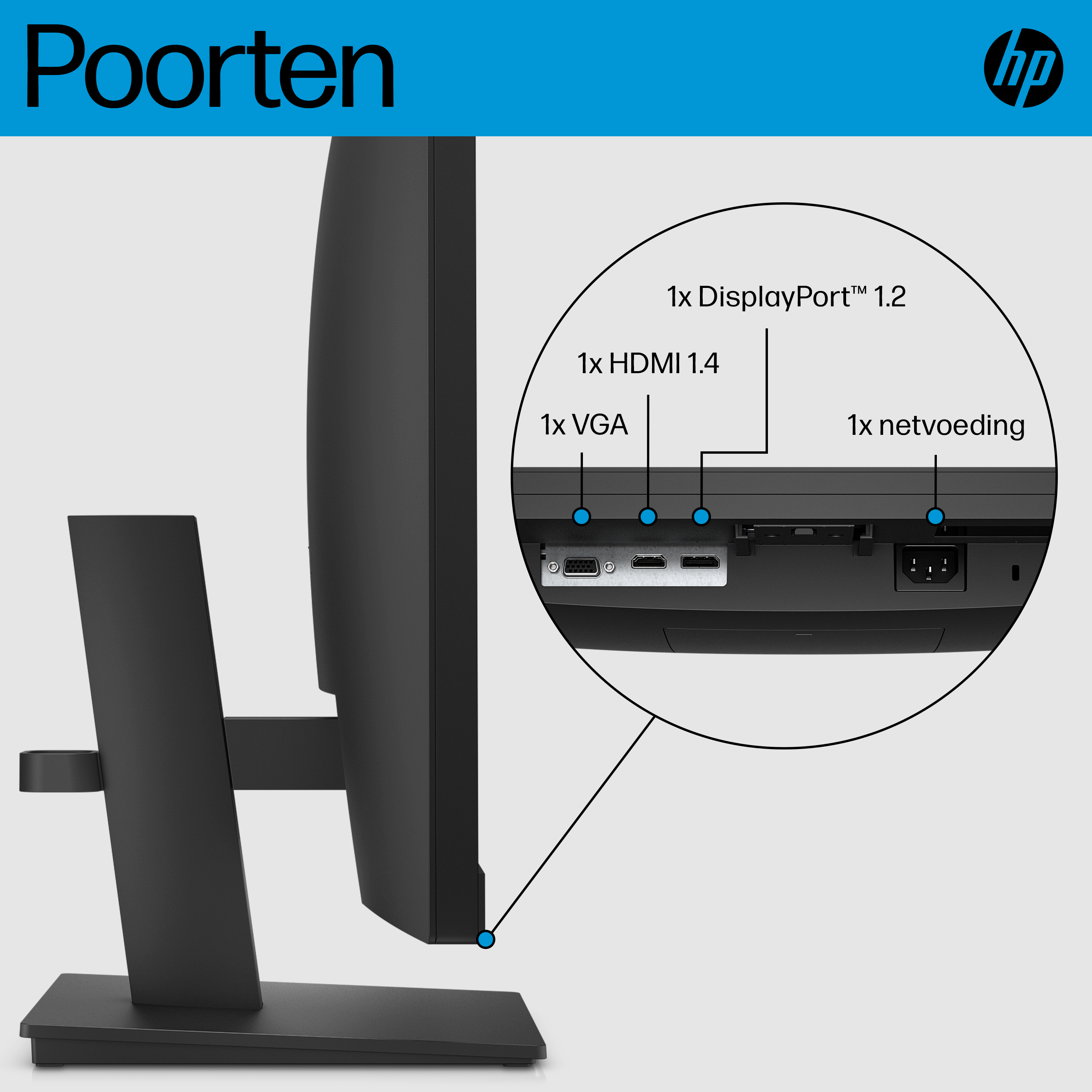 Monitor de ordenador negro con puertos en la parte trasera. El monitor está sobre un soporte negro.
