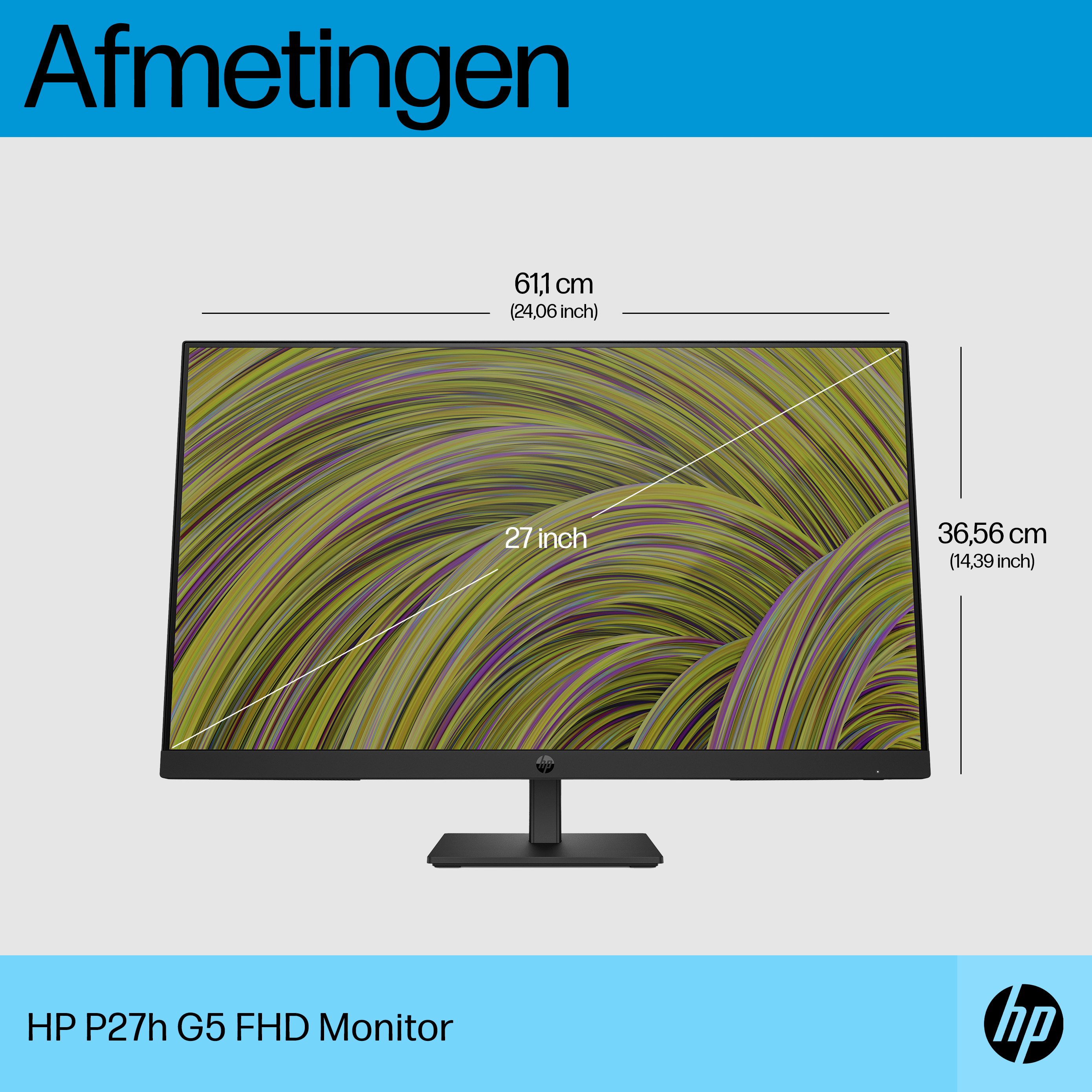 Monitor negro, medidas en cm y pulgadas, sobre un fondo ondulado.
