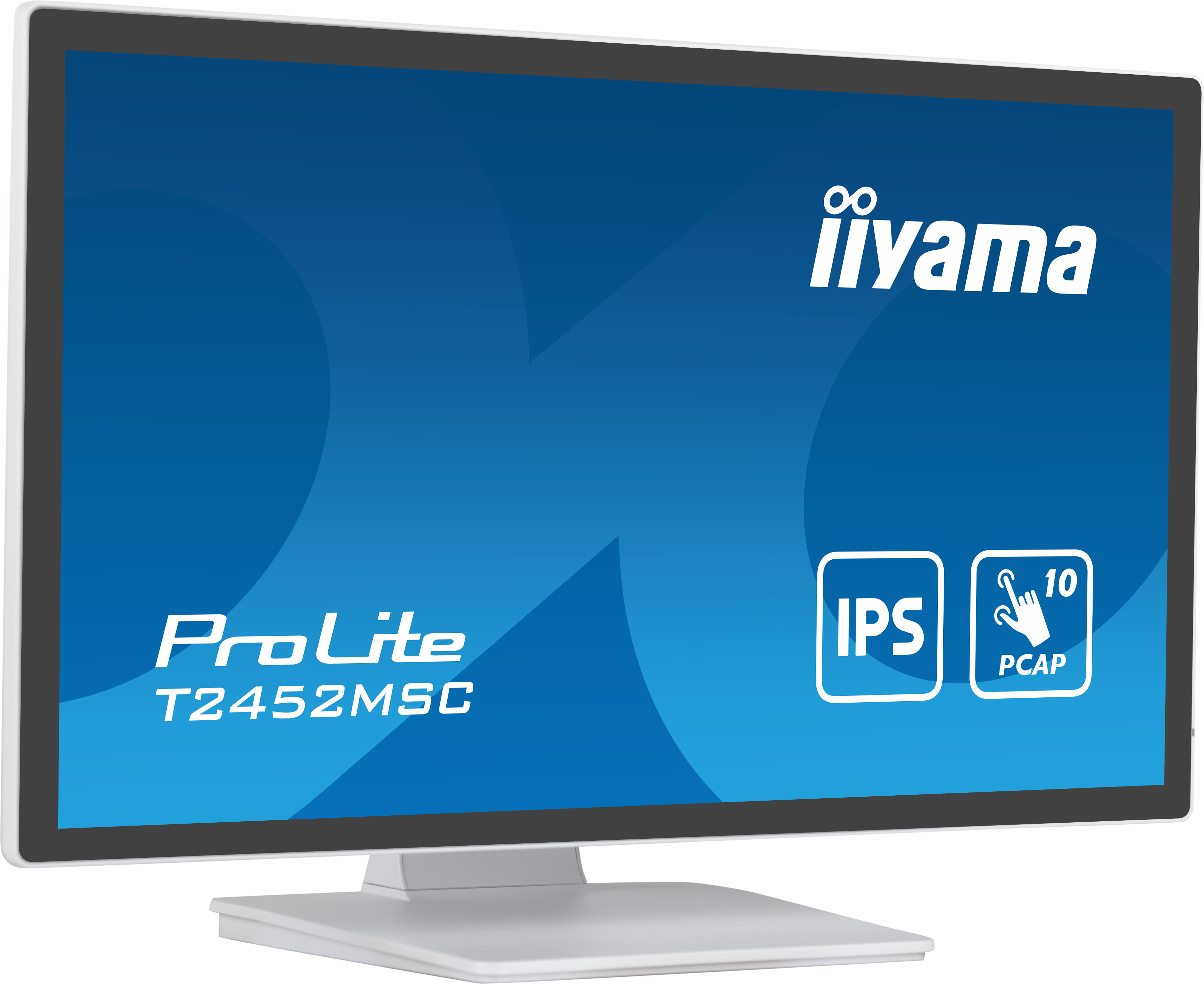 Monitor Iiyama ProLite con cornice e supporto bianchi. Lo schermo mostra testo e icone.