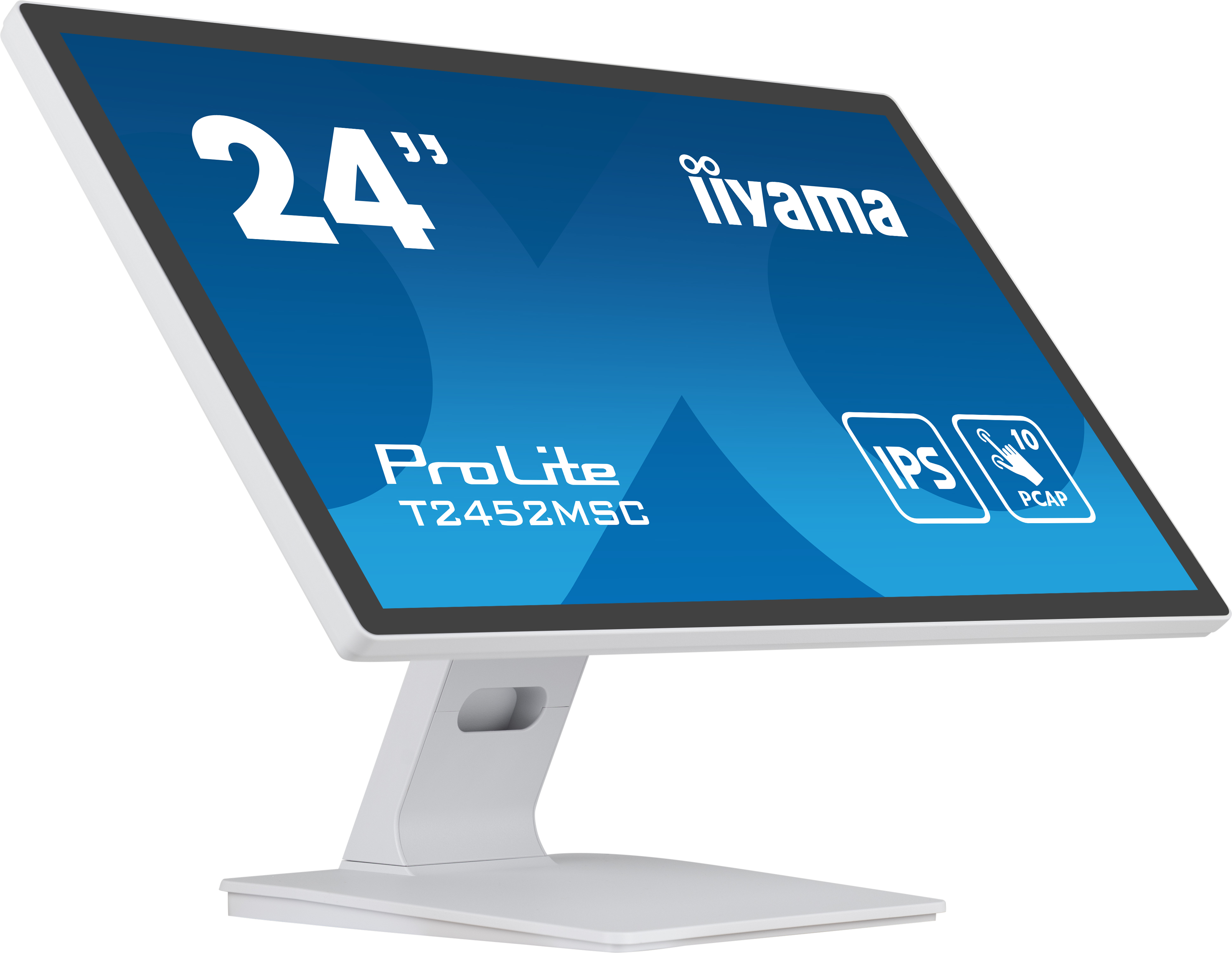 Un monitor bianco, con schermo blu. Ha un supporto bianco. Lo schermo dice 24" e ha del testo.