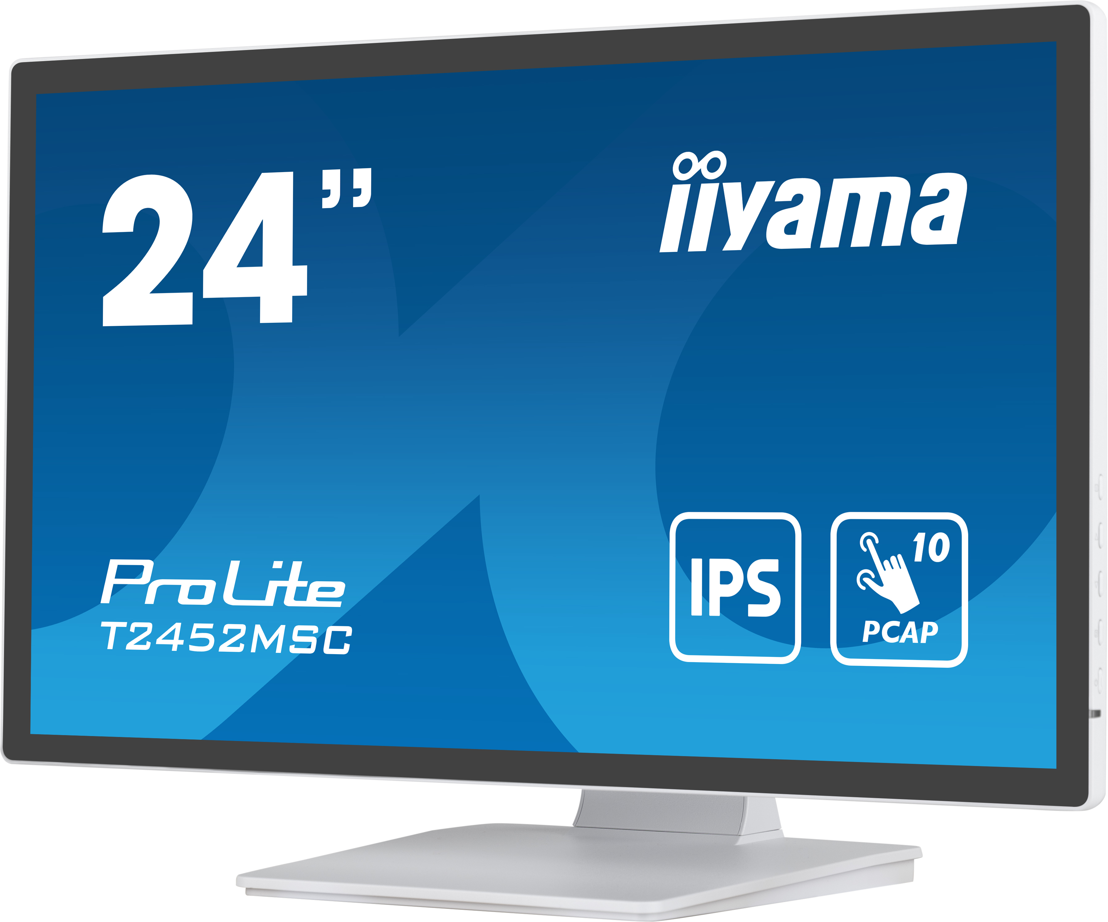 Un monitor iiyama ProLite da 24 pollici con cornice bianca, che mostra uno sfondo blu e bianco.