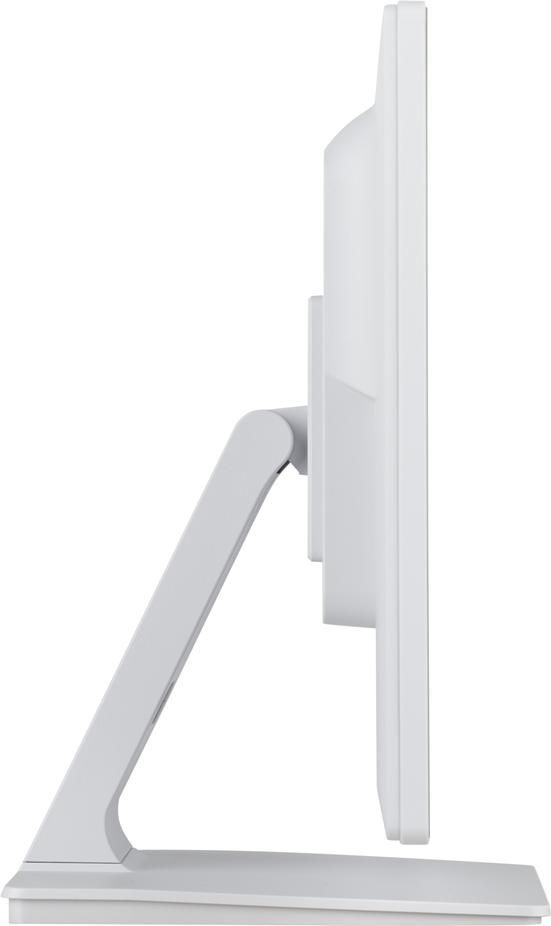 Un monitor per computer bianco con un supporto regolabile, visto di lato su uno sfondo bianco.
