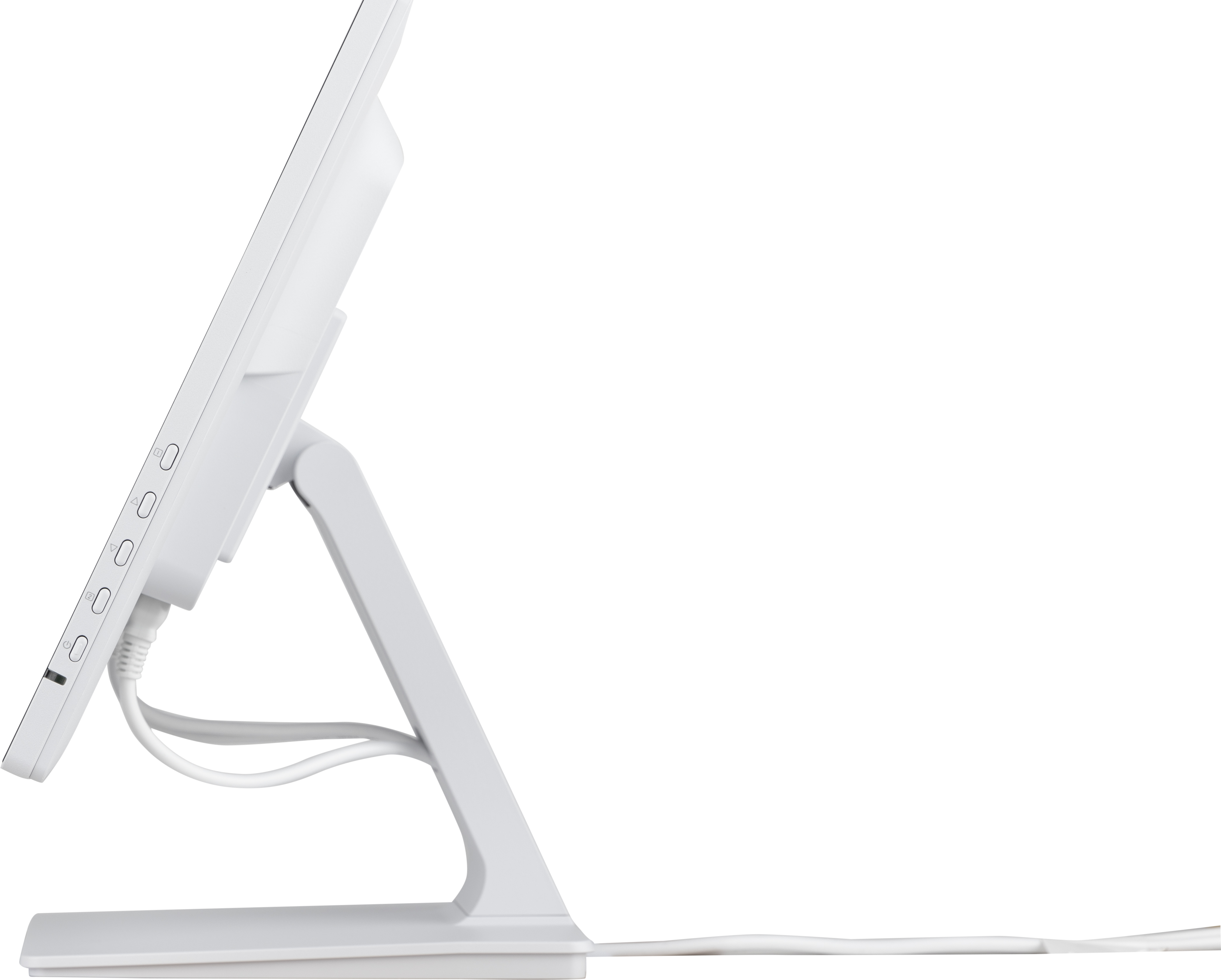 Monitor bianco, vista laterale con pulsanti e cavo su supporto bianco.