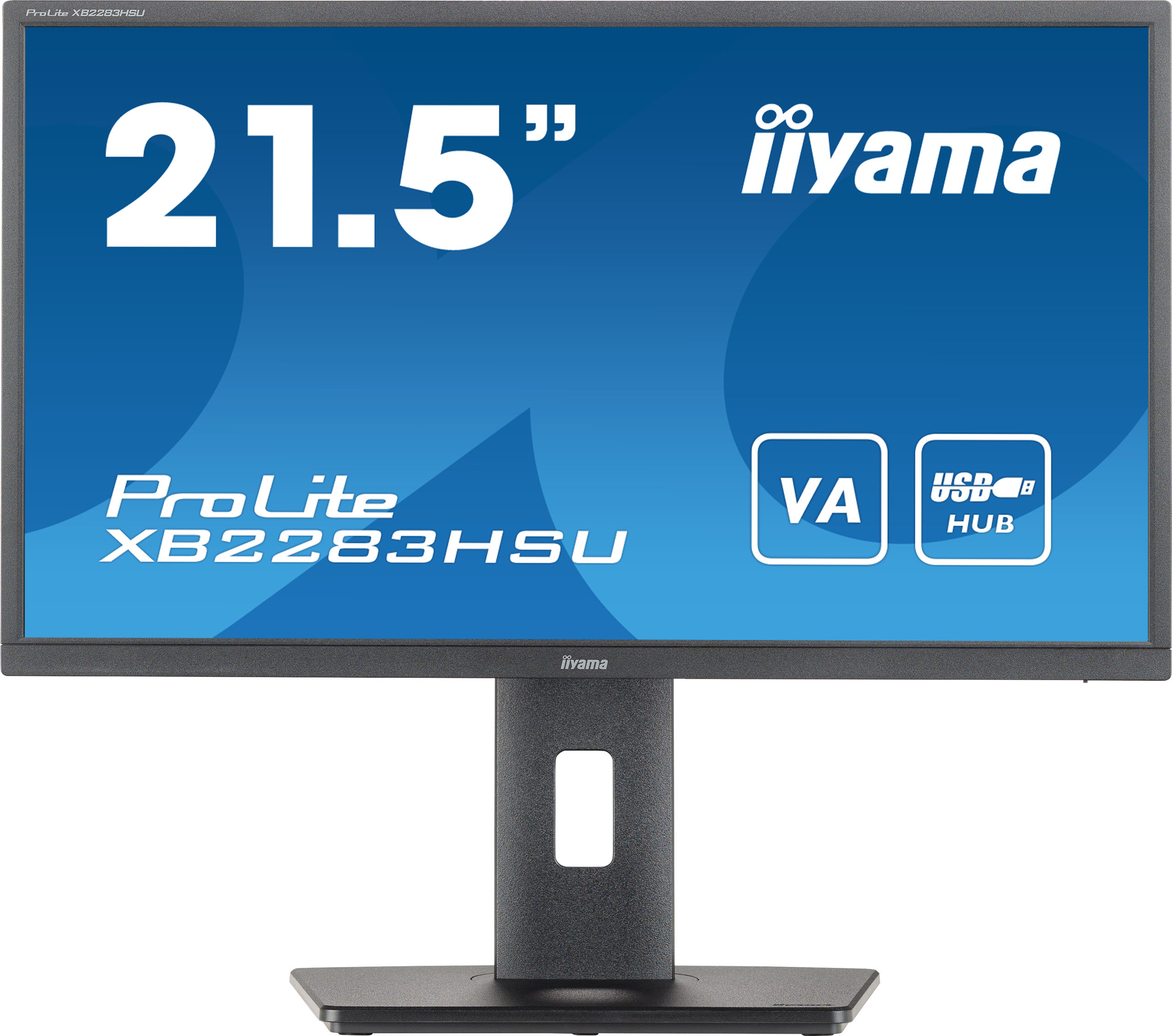 Monitor per computer da 21,5" con supporto nero. Sfondo blu. Isolato.