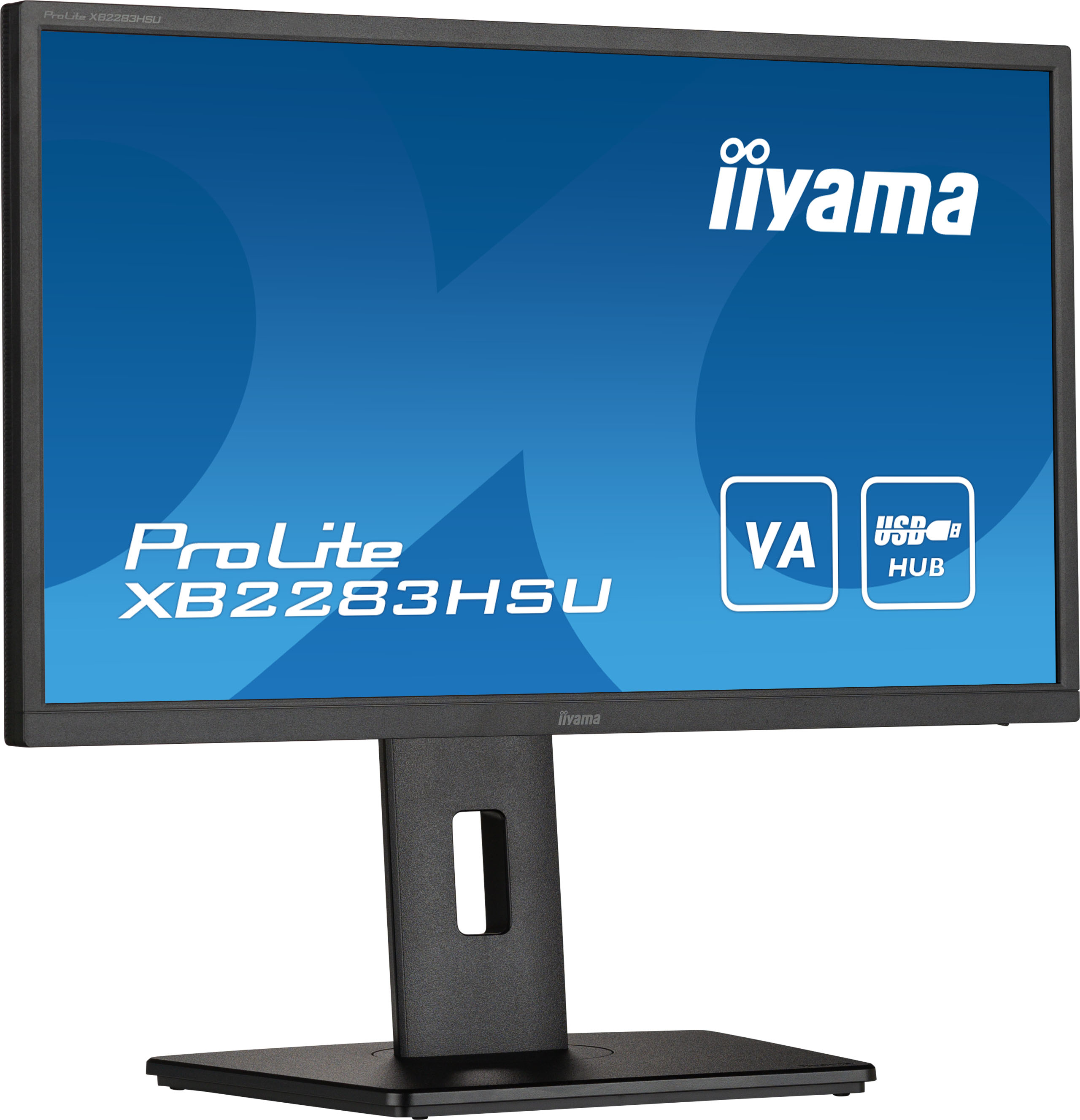 Monitor del computer nero con schermo blu, su supporto nero. Il marchio è visibile.