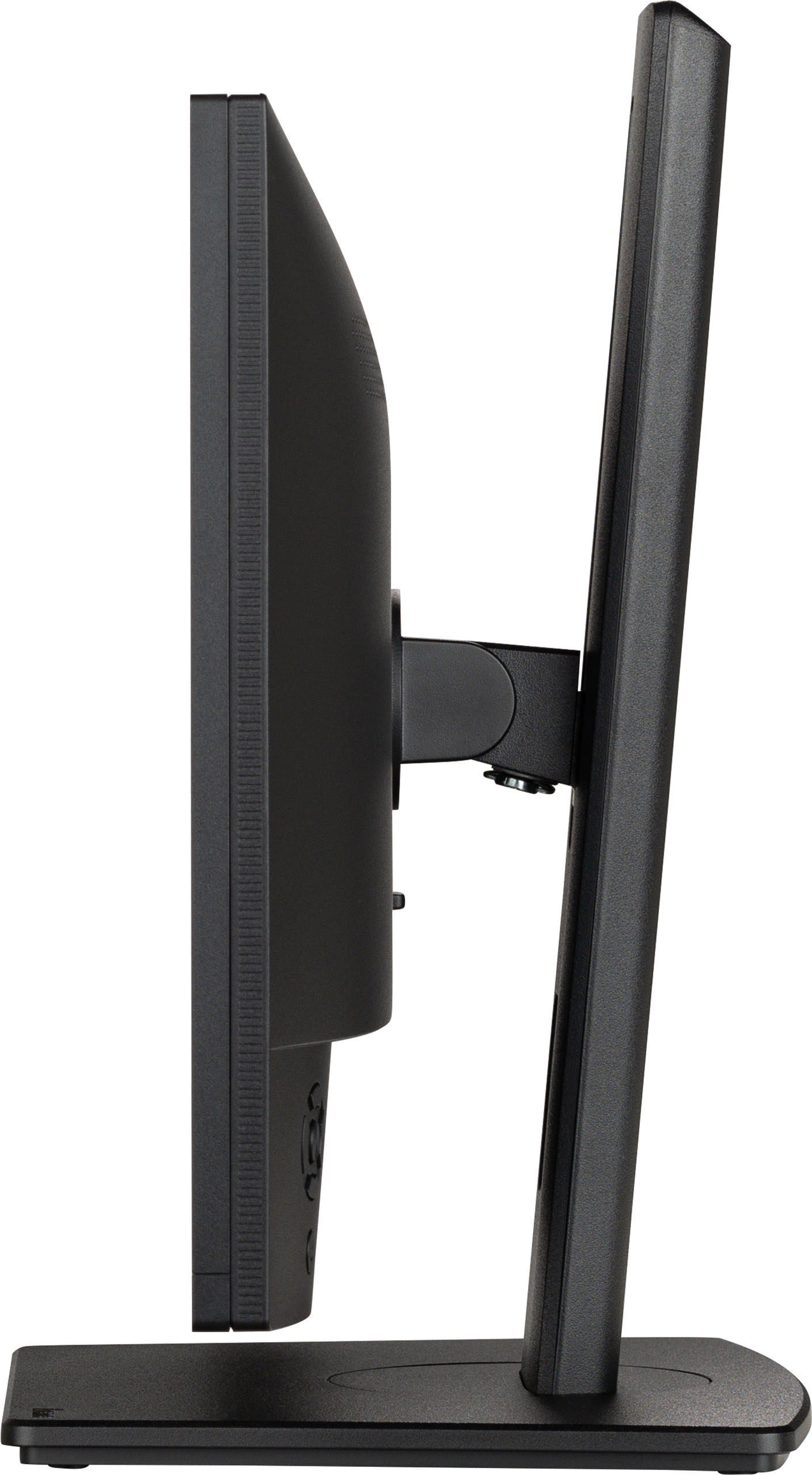 Vista laterale di un monitor nero con supporto, su sfondo bianco.