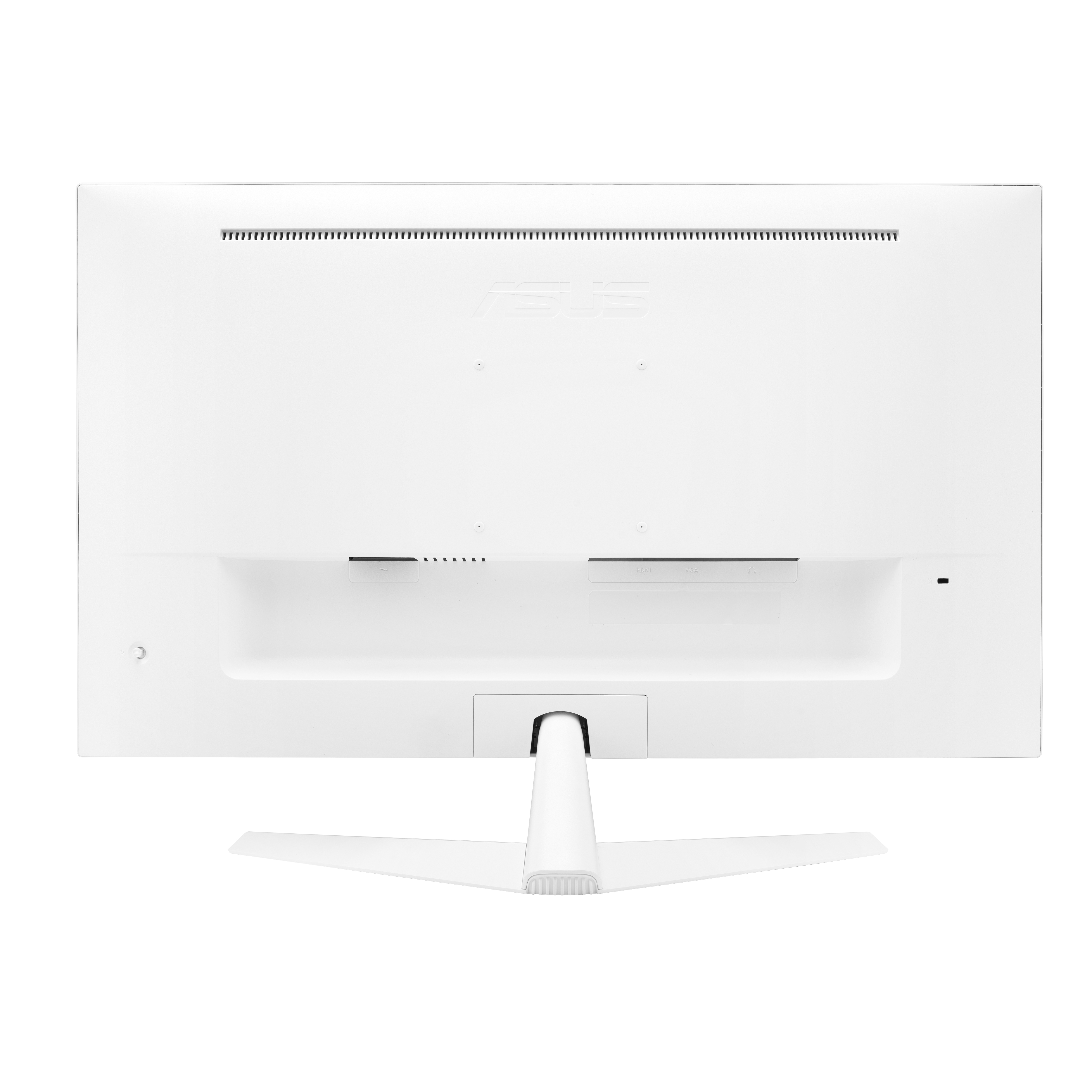 Witte monitor achterkant, met poorten en een standaard.