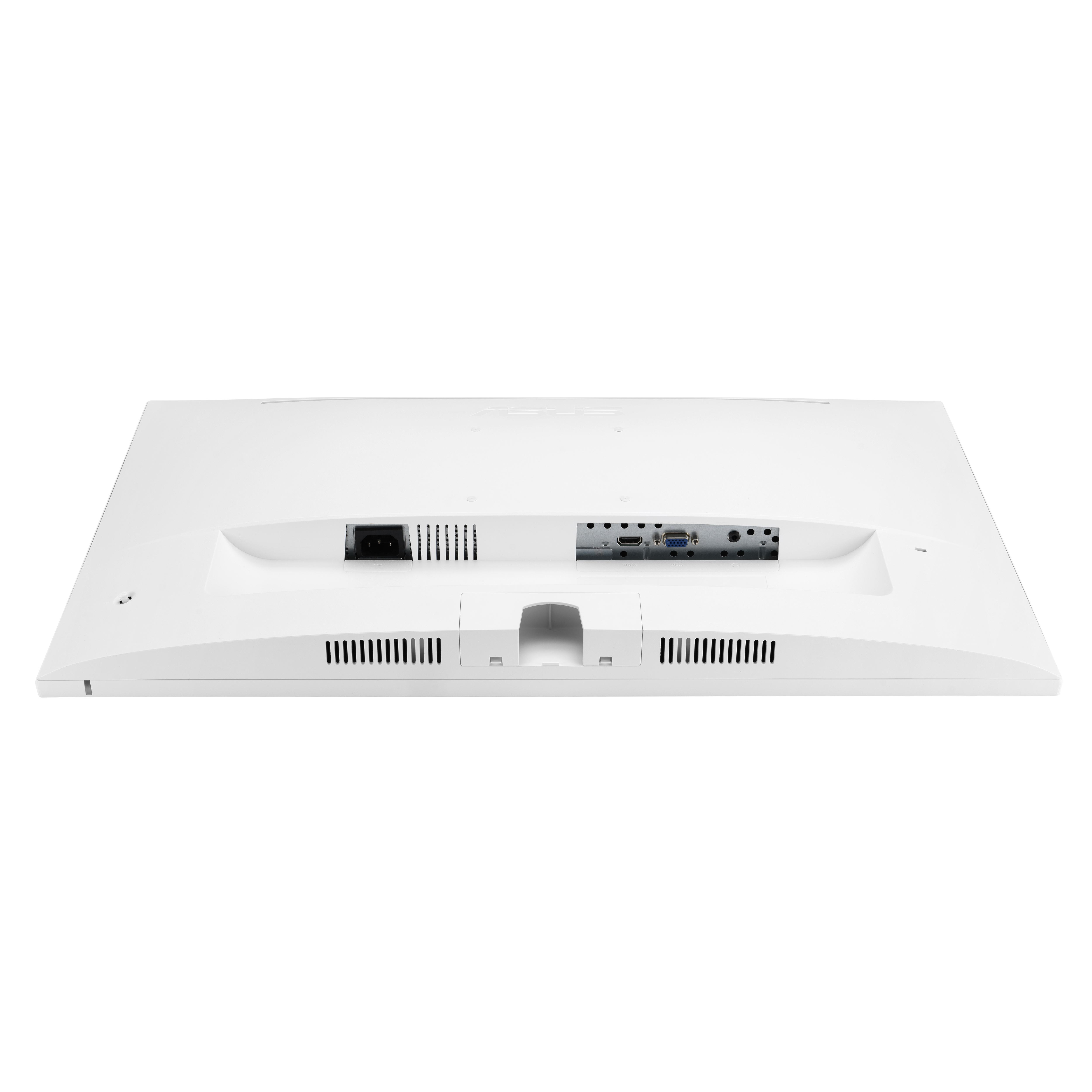Achteraanzicht van een witte computermonitor met poorten en ventilatieopeningen.