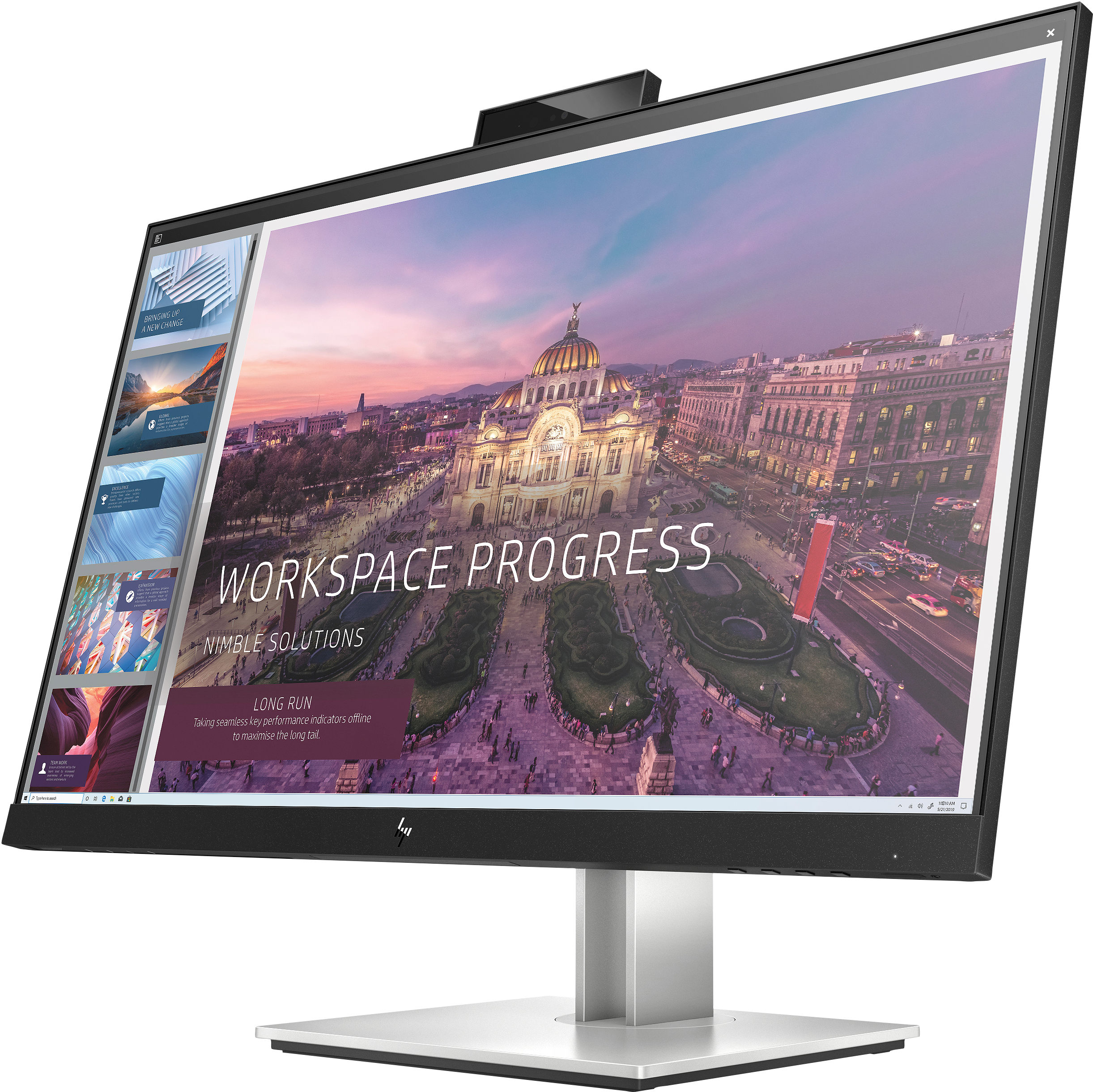 Un monitor HP che mostra una presentazione in un ambiente urbano. Cornice e supporto neri.