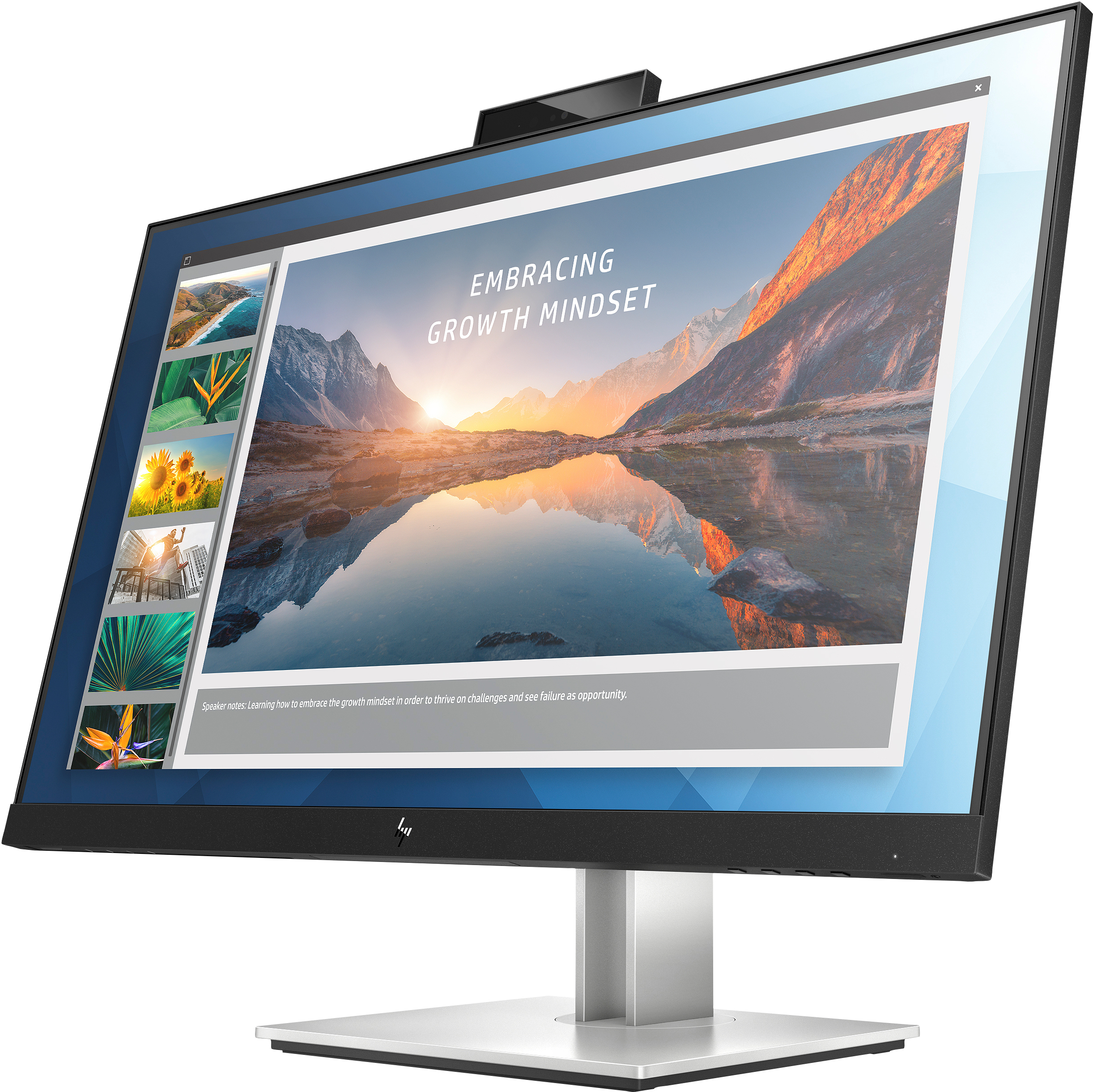 Monitor HP che mostra una presentazione sulla mentalità di crescita. Il monitor è di fronte.