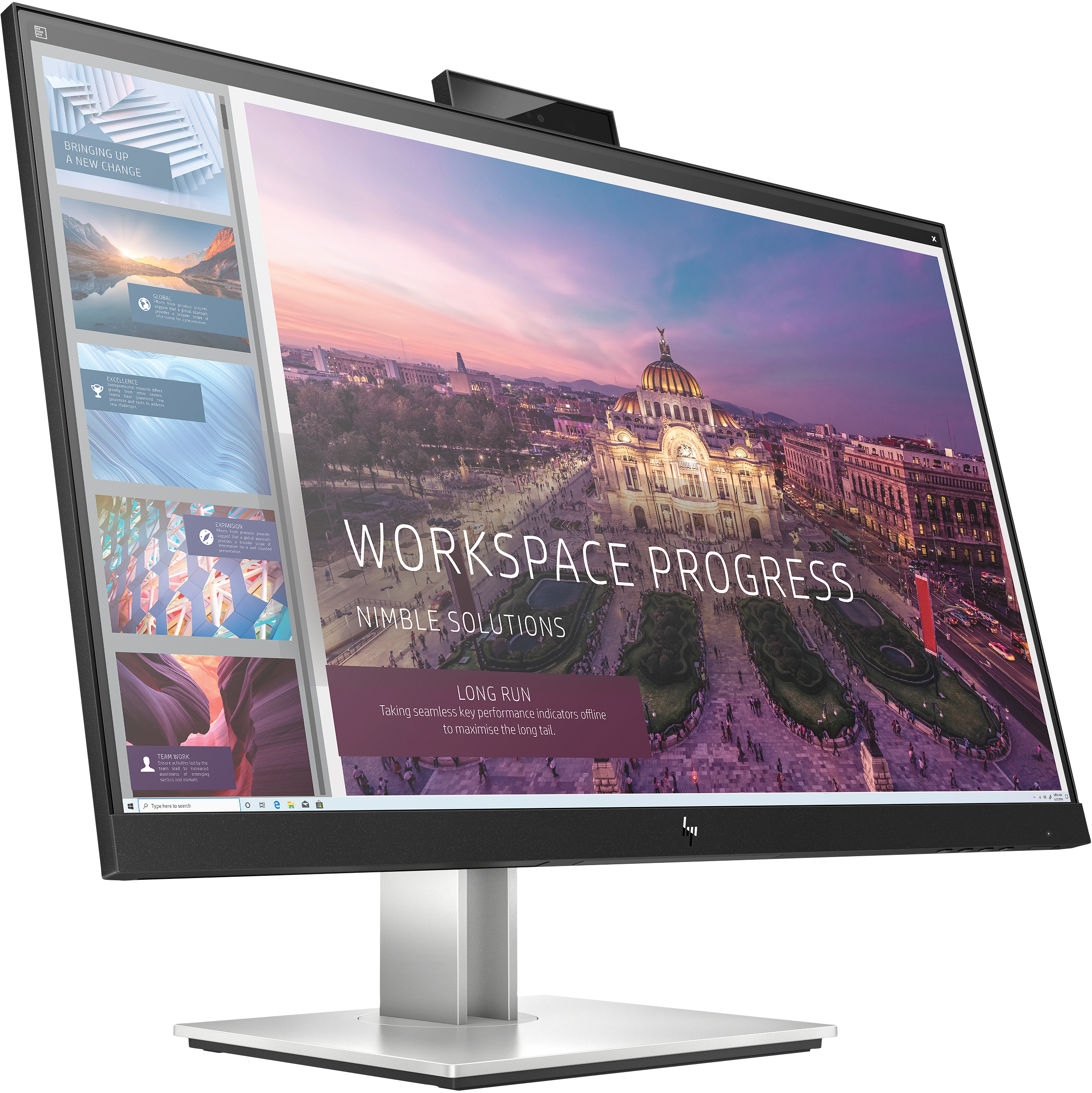 Un monitor che mostra l'avanzamento dello spazio di lavoro con il logo HP.