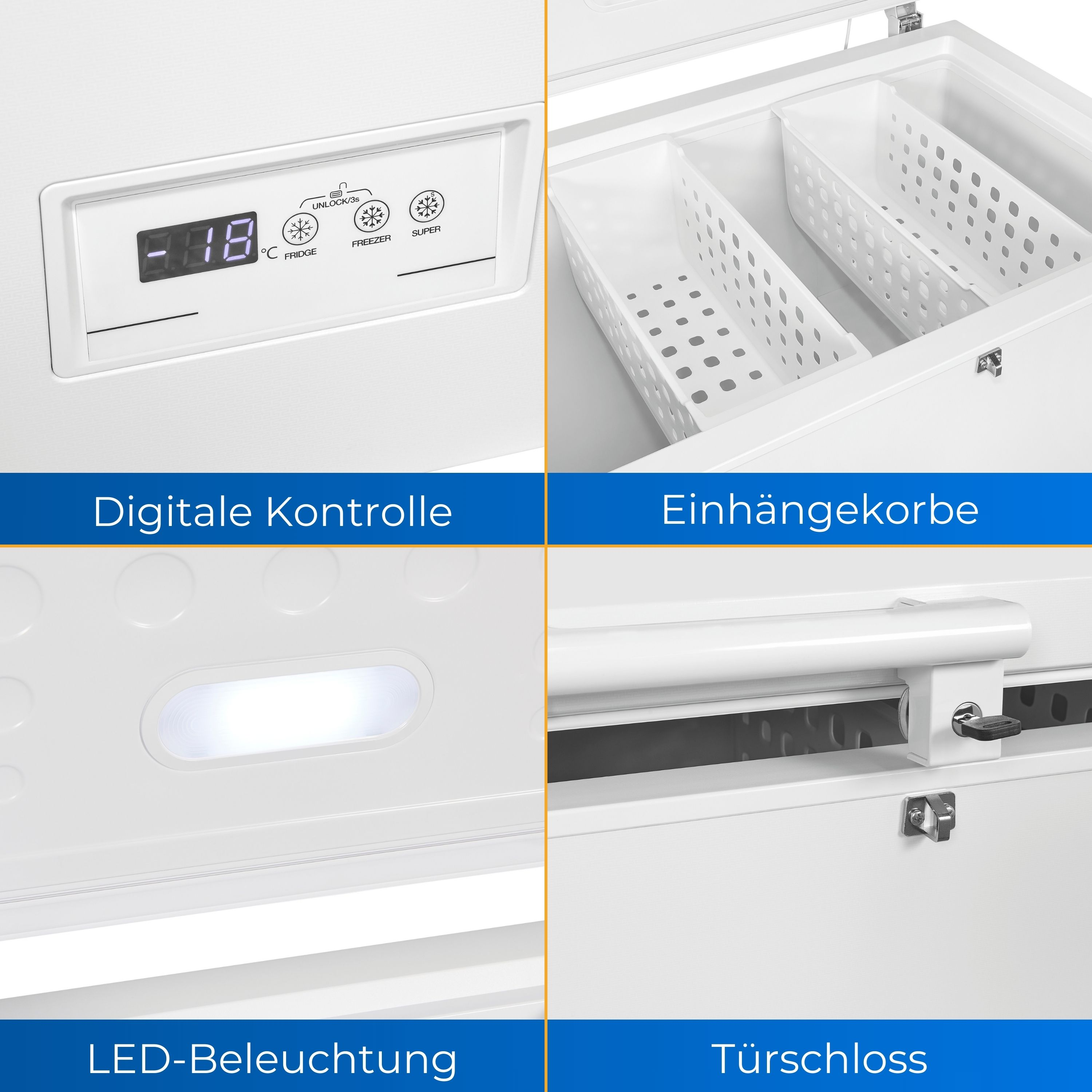 Nahaufnahme eines weißen Gefrierschranks mit digitaler Steuerung, Körben, LED-Beleuchtung und Türschloss.