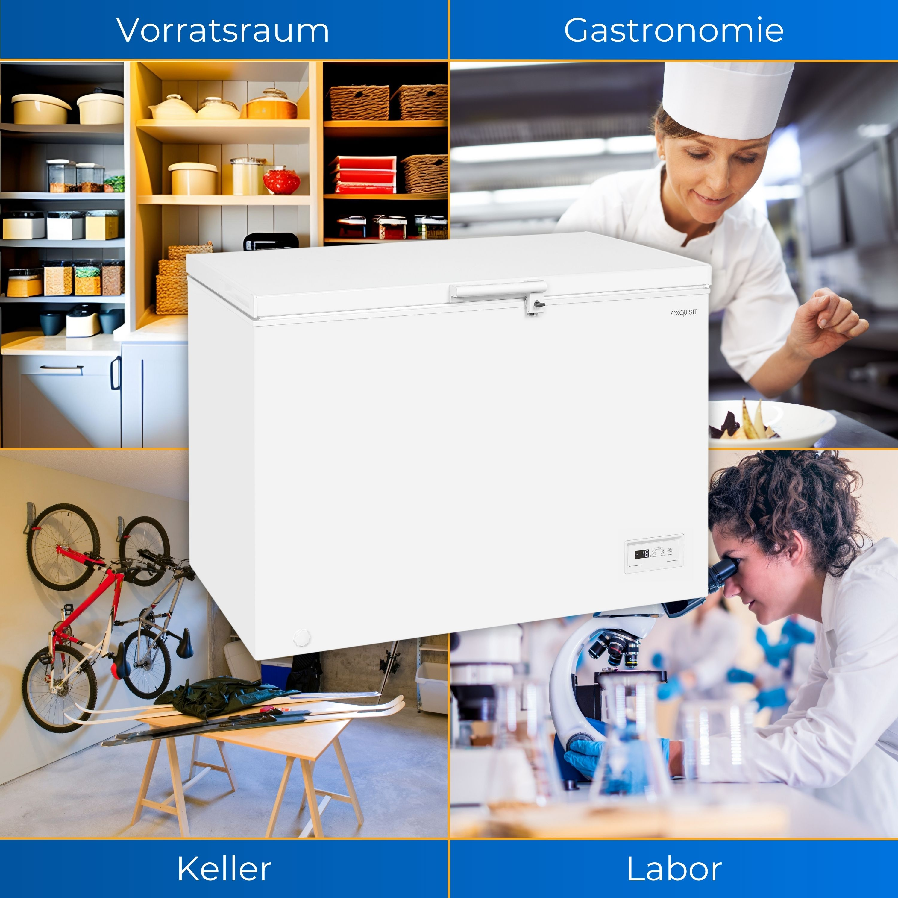Truhen-Gefrierschrank mit Bildern von Speisekammer, Gastronomie, Keller, Labor.